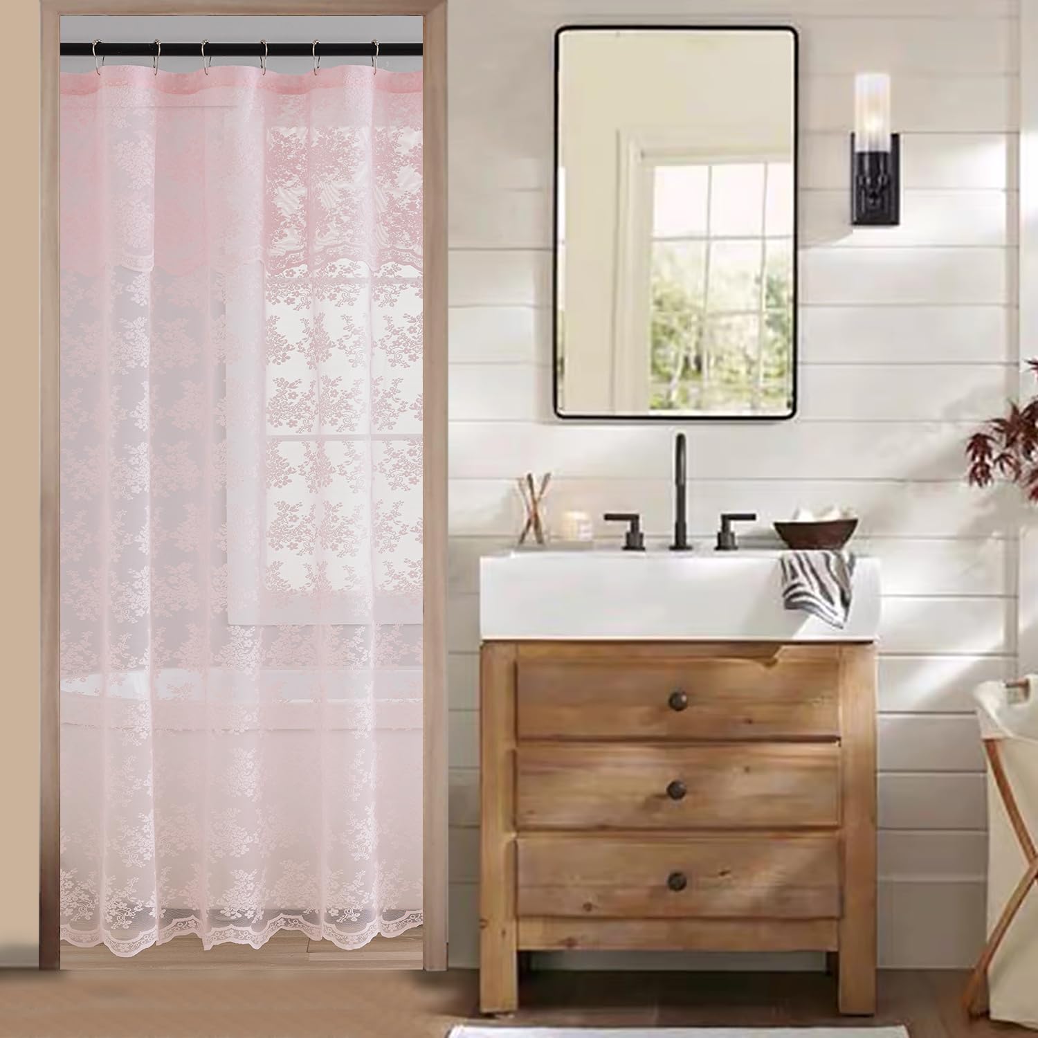 Tudeco Stall Shower Curtain - Chic Lace Shower Curtain Pink 36 X 72 Inch With Attached Valance, Vintage Floral Small Rv Narrow S