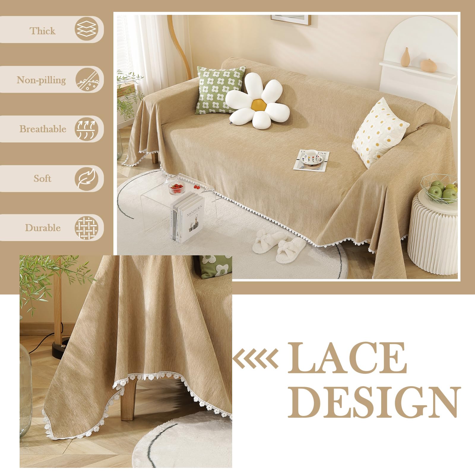 Handontime Khaki Couch Covers For Sectional Sofa L Shape Cute Loveseat Covers Dog Cover Covers, Sofa Covers For 3 Cushion Couch Chenille Sofa Slipcover Soft Sofa Cover For Sectional Sofa, 71' X118'