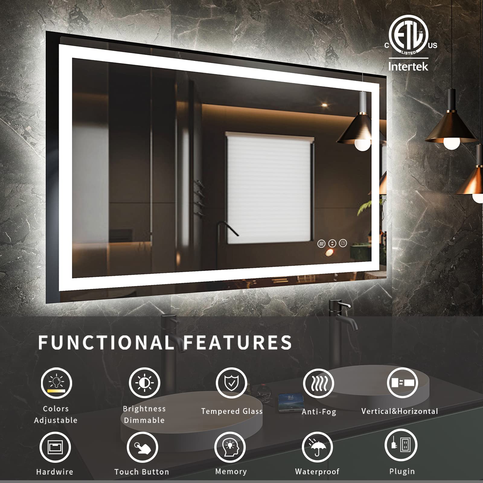 Oddsan 44X 30 Led Mirror For Bathroom, Lighted Vanity Mirror With Lights, Dimmable Illuminated Mirror For Wall, Anti-Fog, Etl Li