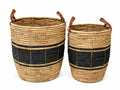 Stow & Bloom Black Stripe Tall Round Woven Basket with Strap Handles Set of 2  Water Hyacinth Storage Bin Laundry Blankets Coas