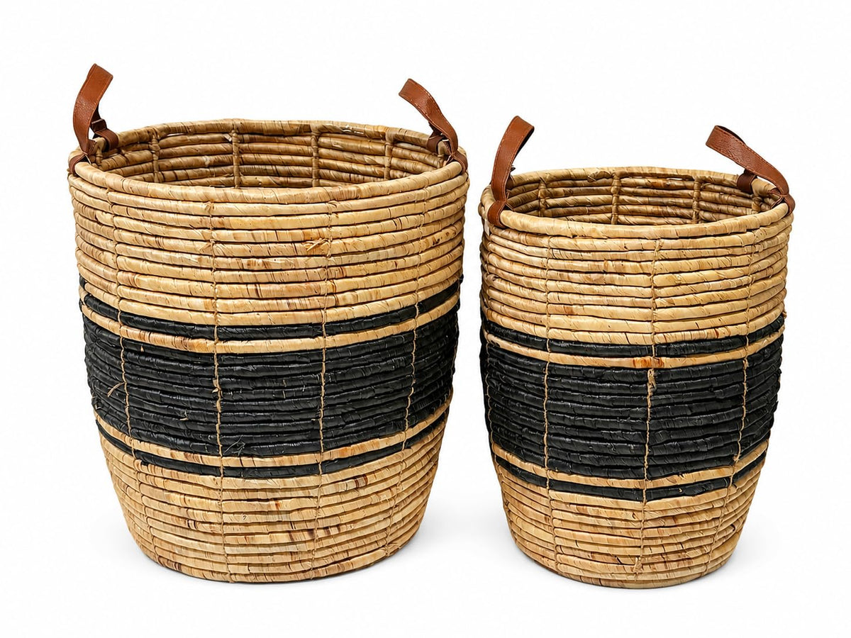 Stow & Bloom Black Stripe Tall Round Woven Basket with Strap Handles Set of 2  Water Hyacinth Storage Bin Laundry Blankets Coas