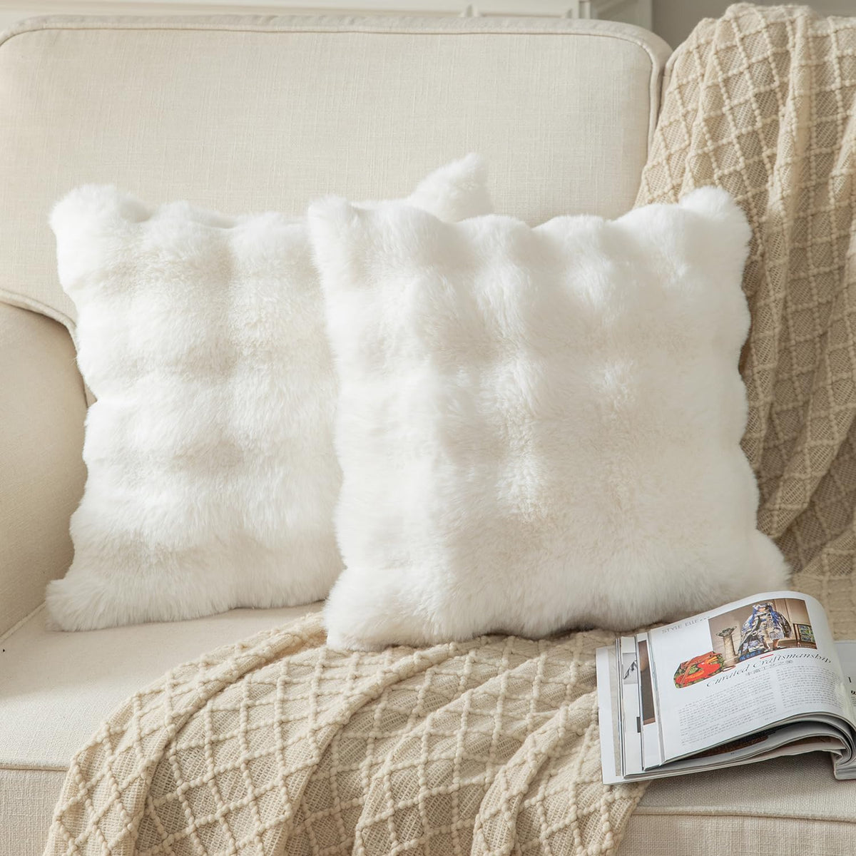 Yaertun Pack Of 2 Cream White Thick Soft Wool Decorative Throw Pillow Covers 18X18 Inch Faux Fur Plush Fluffy Cushion Covers For