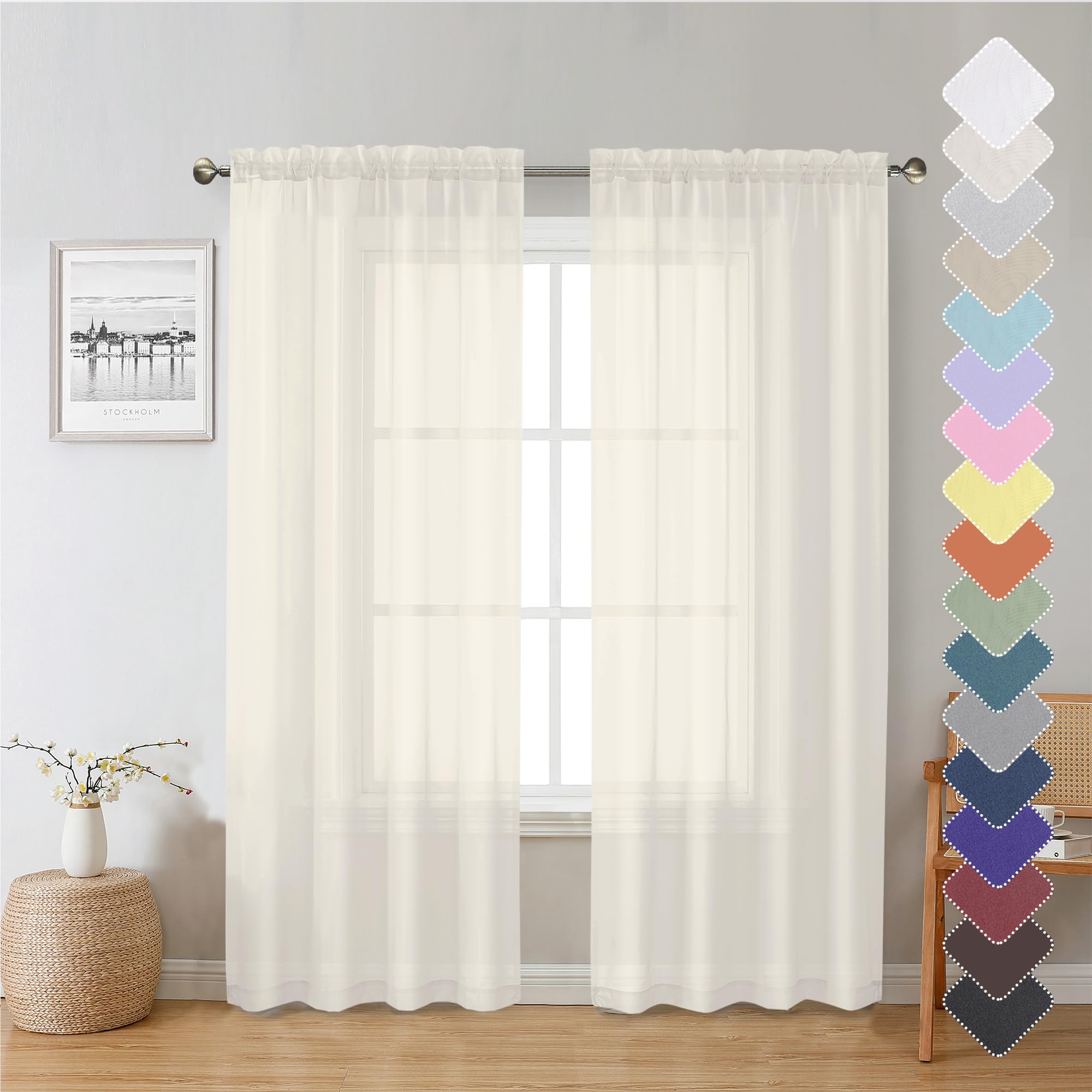 Lecloud Ivory Sheer Curtain Panels 72 Inch Length, Light Filtering Window Curtain Drapes Treatment For Living Room, Breathable R