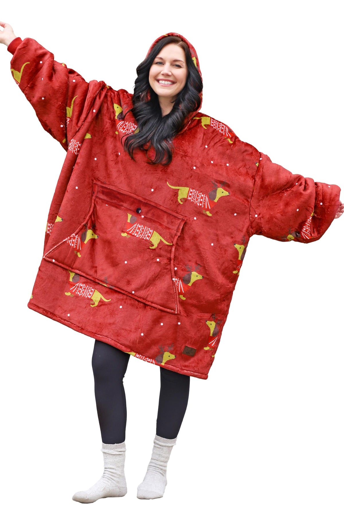 Catalonia Xmas Dachshund Print Oversized Hoodie Blanket Sweatshirt, Wearable Sherpa Giant Pullover For Adults Men Women Teenager