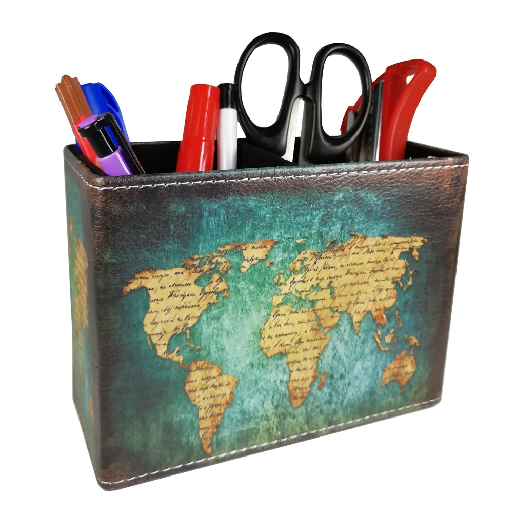 Dreamseden Vintage Pen Pencil Holder Cup Retro Pattern Desk Organizer For Home Office Bedroom (Blue World Map Square)