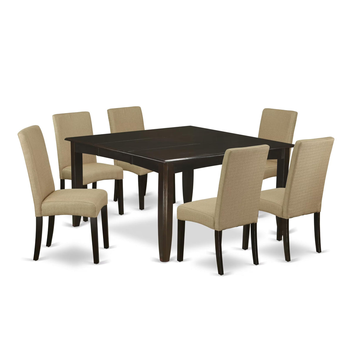 East West Furniture PFDR7-CAP-03 7 Piece Modern Dining Table Set Consist of a Square Wooden Table with Butterfly Leaf and 6 Brown Linen Fabric Upholstered Chairs, 54x54 Inch, Cappuccino