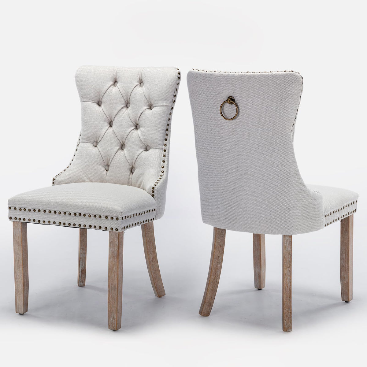 Soartalent Linen Upholstered Dining Chairs Set Of 2, Modern Style Kitchen Side Chairs With Nailhead Trim And Wood Leg, Metal Pul