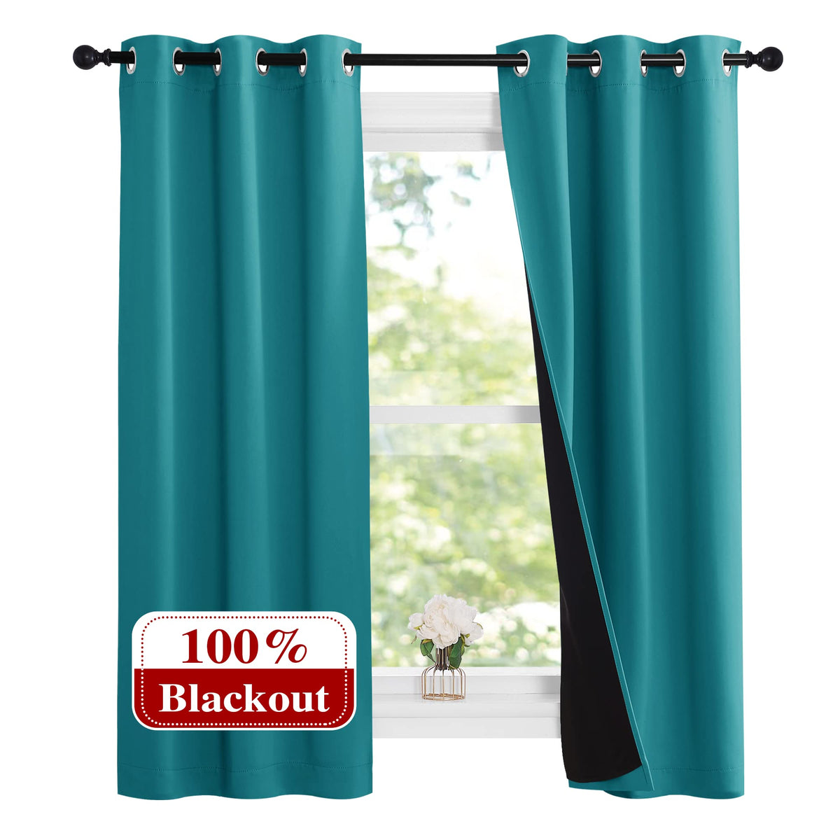Nicetown Peacock Teal 100% Blackout Lined Curtains, 2 Thick Layers Narrow Wide Window Treatment Panels Thermal Insulated Drapes