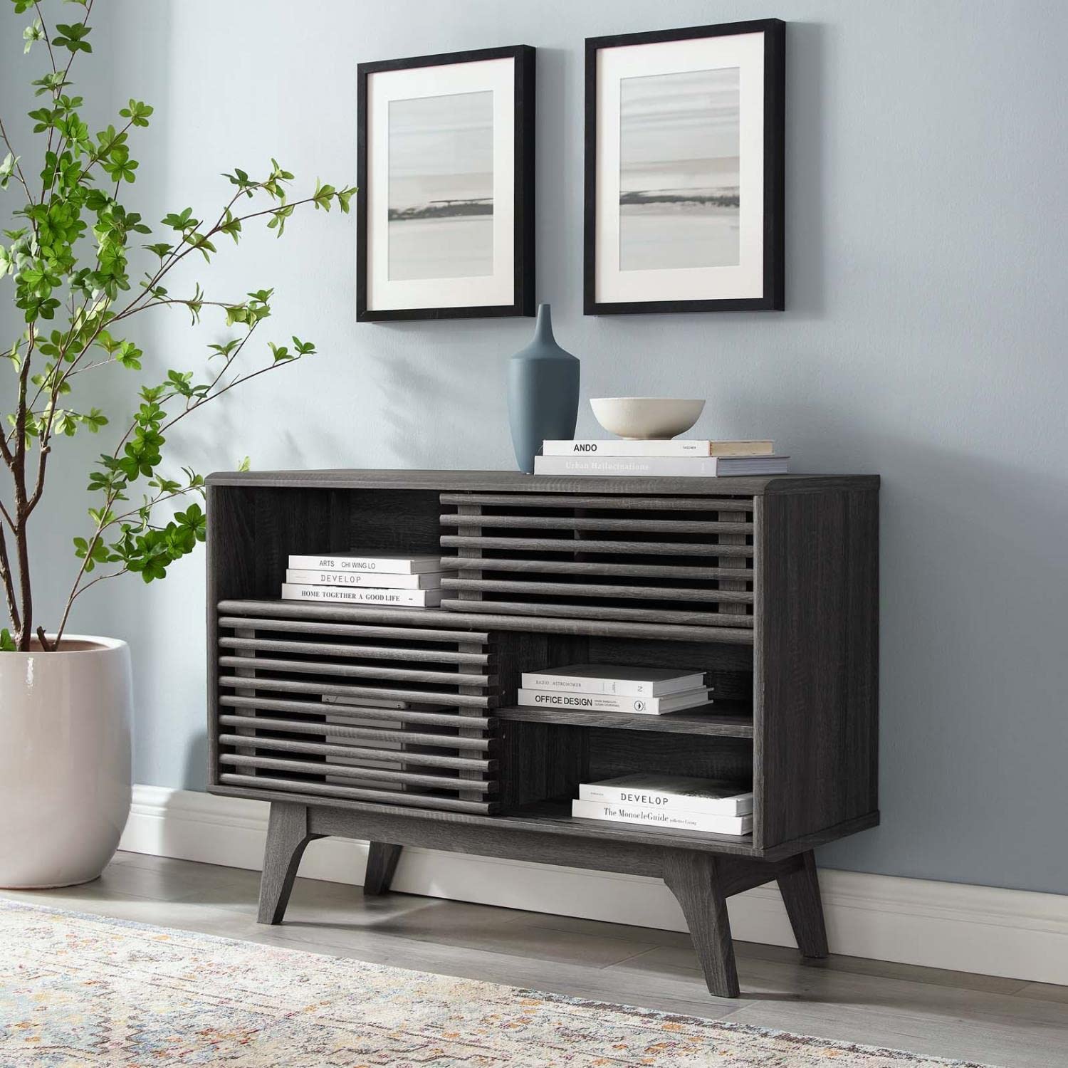 Modway Render Mid-Century Modern Two-Tier Display Stand in Charcoal