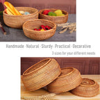 Amololo Hadewoven Round Rattan Fruit Basket Wicker Food Tray Weaving Storage Holder Dinning Room Bowl, 9 Inch Woven Bread Basket