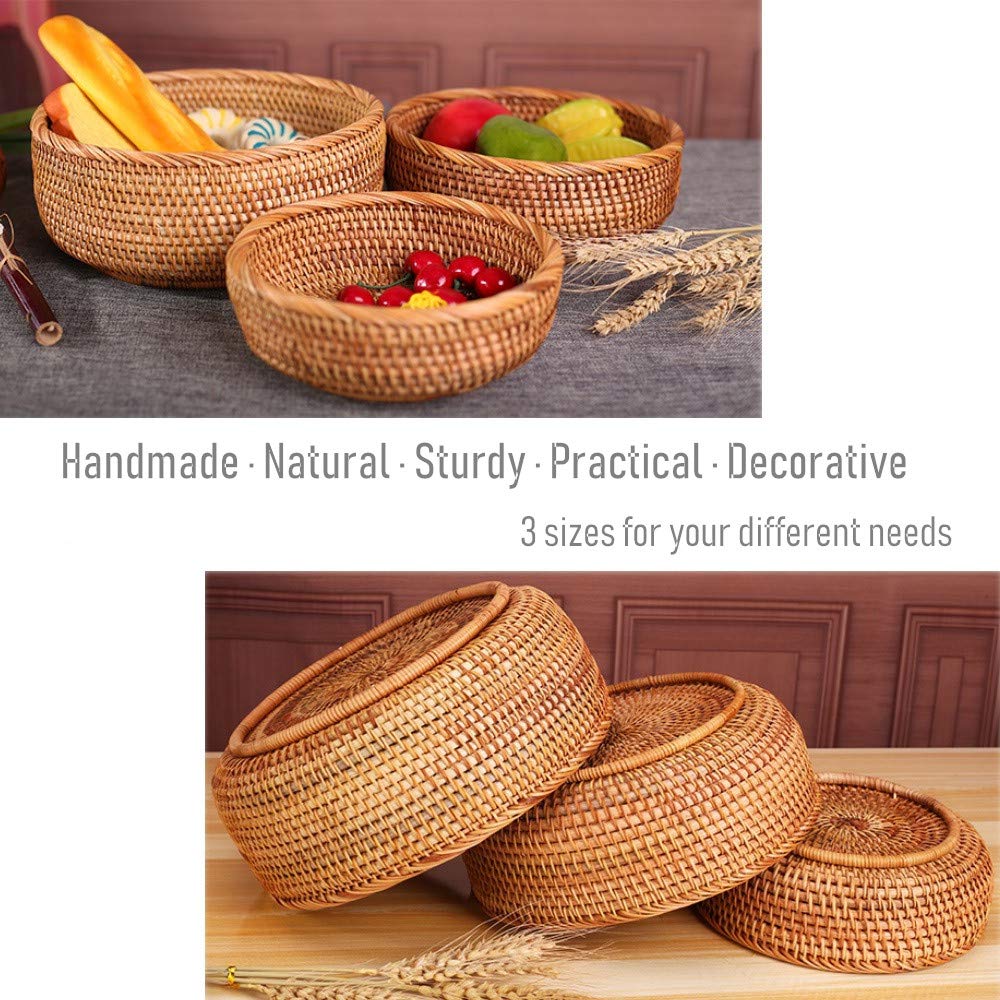 Amololo Hadewoven Round Rattan Fruit Basket Wicker Food Tray Weaving Storage Holder Dinning Room Bowl, 9 Inch Woven Bread Basket