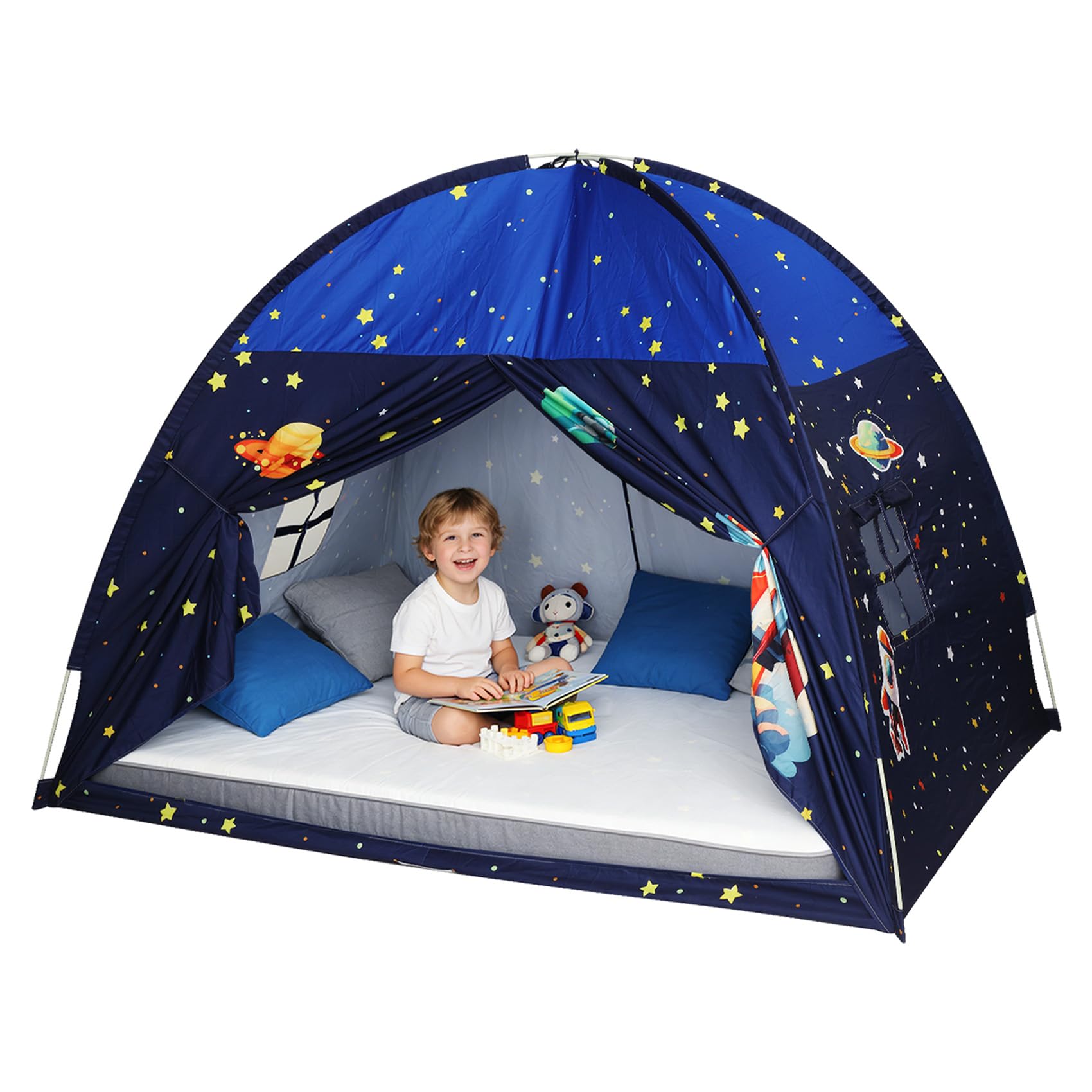 Redants Full Bed Tent Canopy, Space Indoor Blackout Privacy Toddler Bed Tent for Kids with Light, Portable Sleeping Floor Kids P