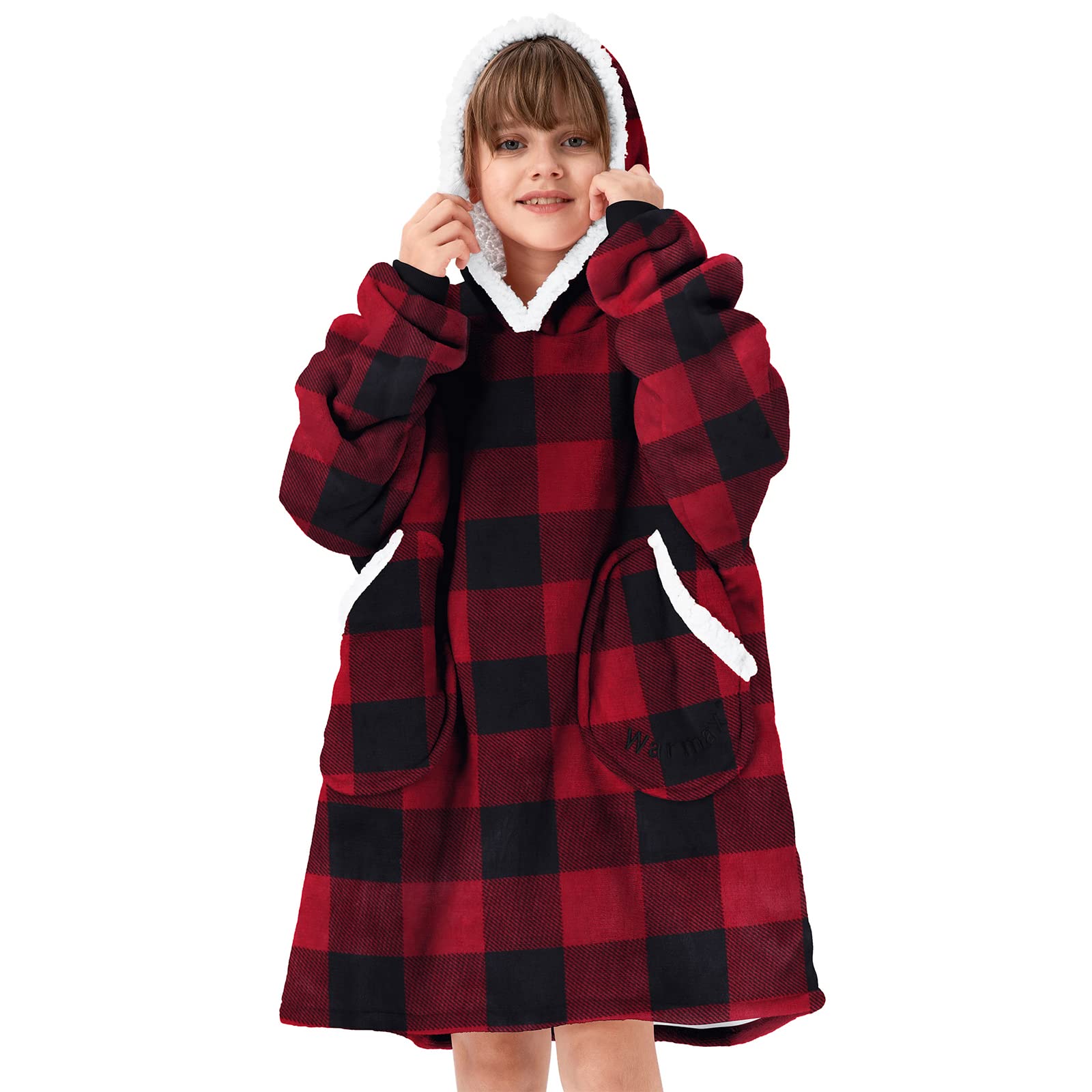 Wearable Blanket For Kids Oversized Hoodie Blanket Plush Sherpa Hooded Sweatshirt For Boys, Girls Red And Black Plaid