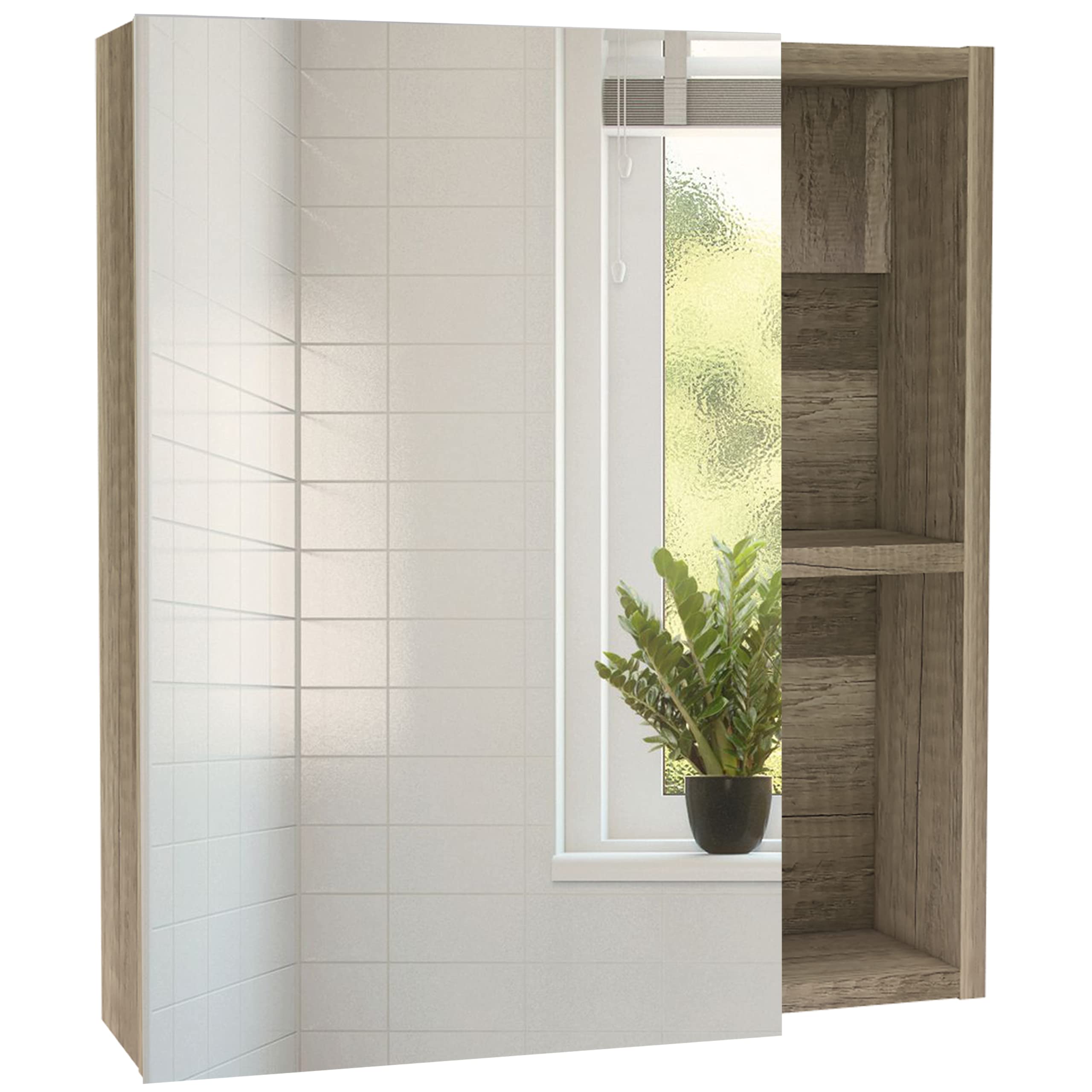 Medicine 19H Single Door Cabinet with Mirror, 5 Interior Shelves, Light Oak