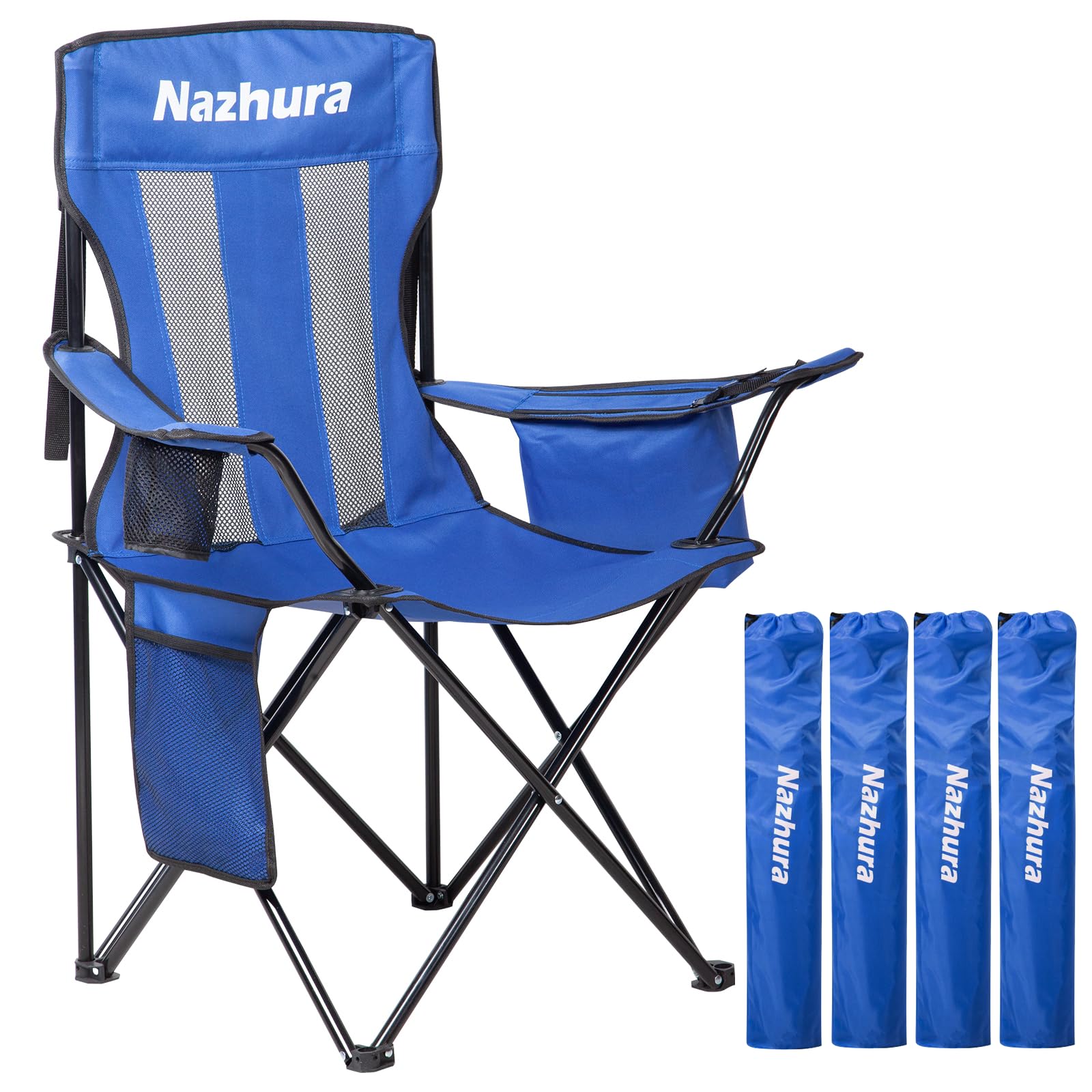 Nazhura 4 Pack Outdoor Camping Chairs Folding/Foldable/Portable with Cooler Pouch, Mesh Backrest and Cup Holder Pocket(Blue, 4 P