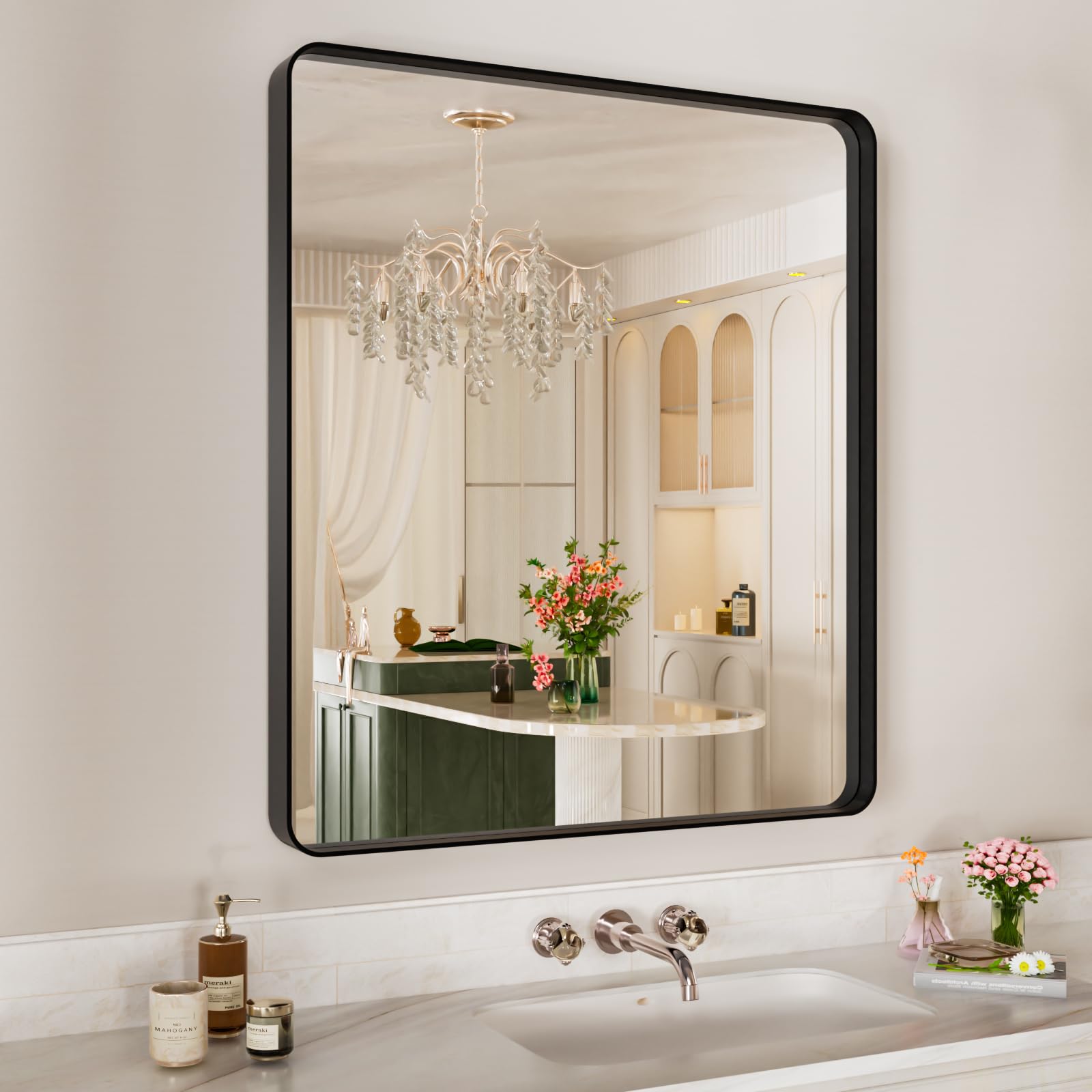 ISTRIPMF Black Metal Framed Bathroom Mirror for Wall,28X32 Inch Rounded Rectangle Mirror,Matte Black Bathroom Vanity Mirror Farm