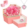 Preserved Pink Real Rose With Necklace Forever Flowers Diamond Shaped Box For Mom Wife Girlfriend Grandma On Mothers Day Birthda