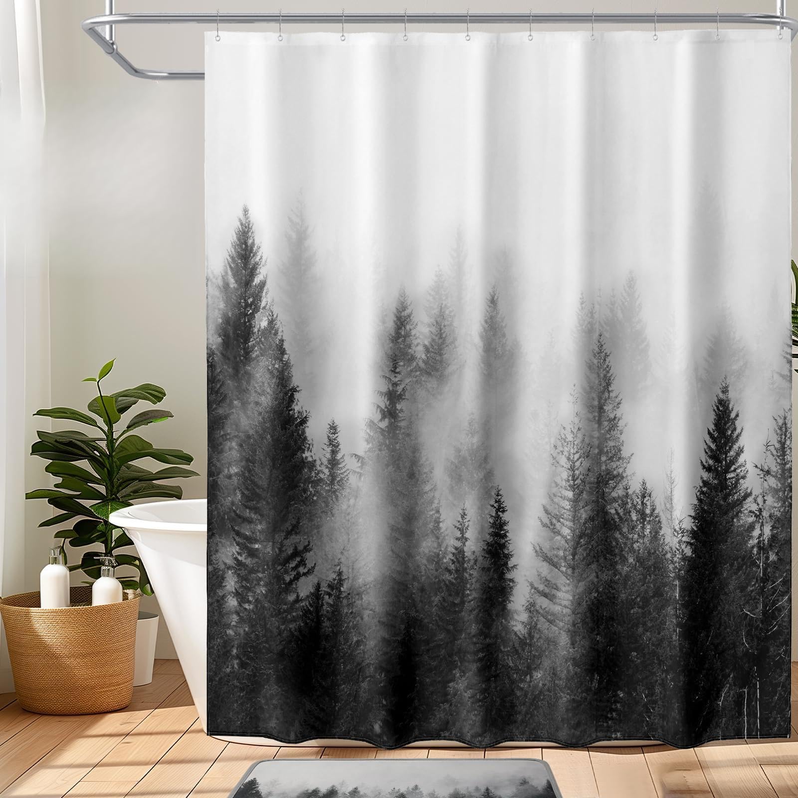ORTIGIA Black and White Misty Forest Shower Curtain for Bathroom, Nature Woodland Curtain Set with Hooks, Decorative Pine Tree F