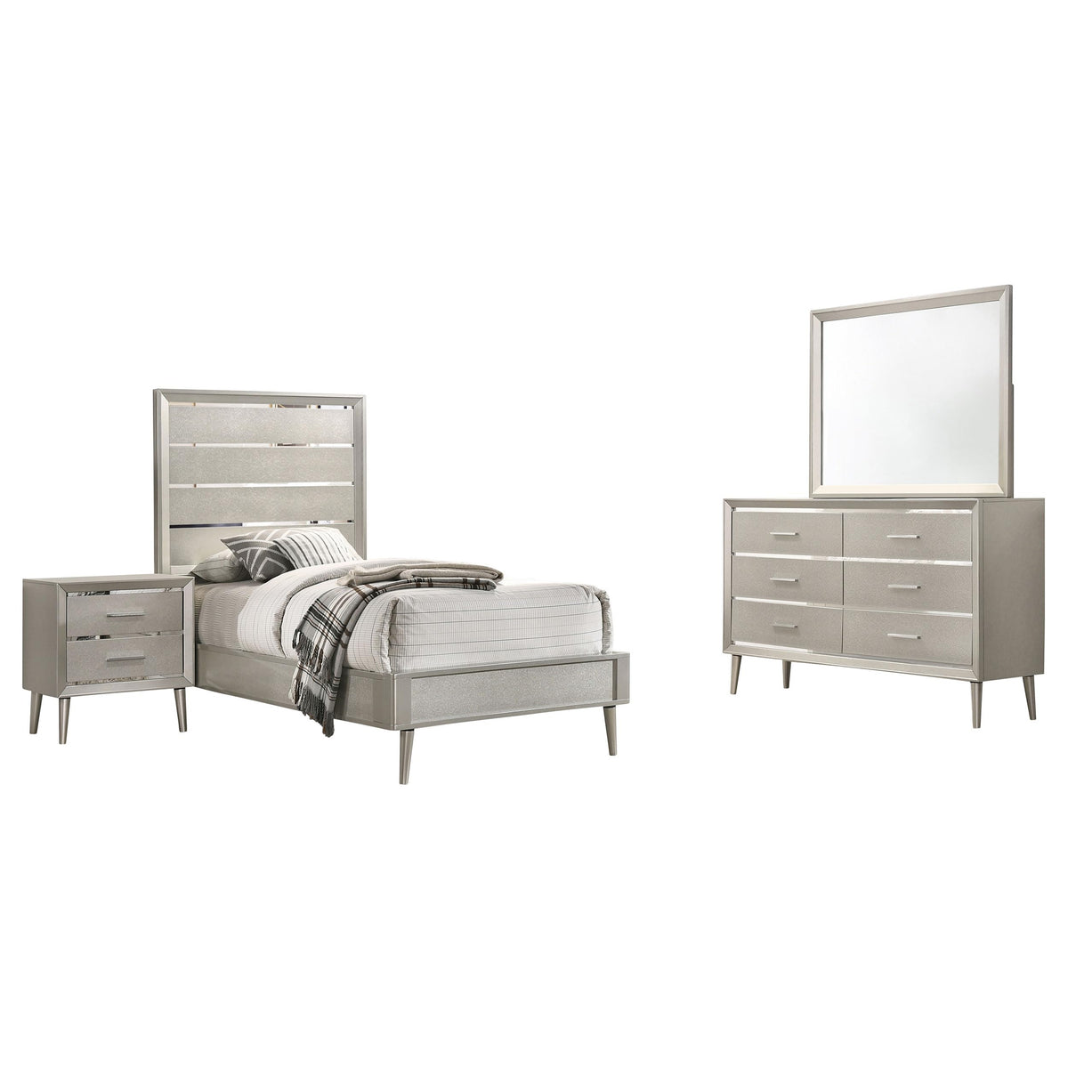 Coaster Ramon Twin Bed 4-Piece Set, Metallic Sterling