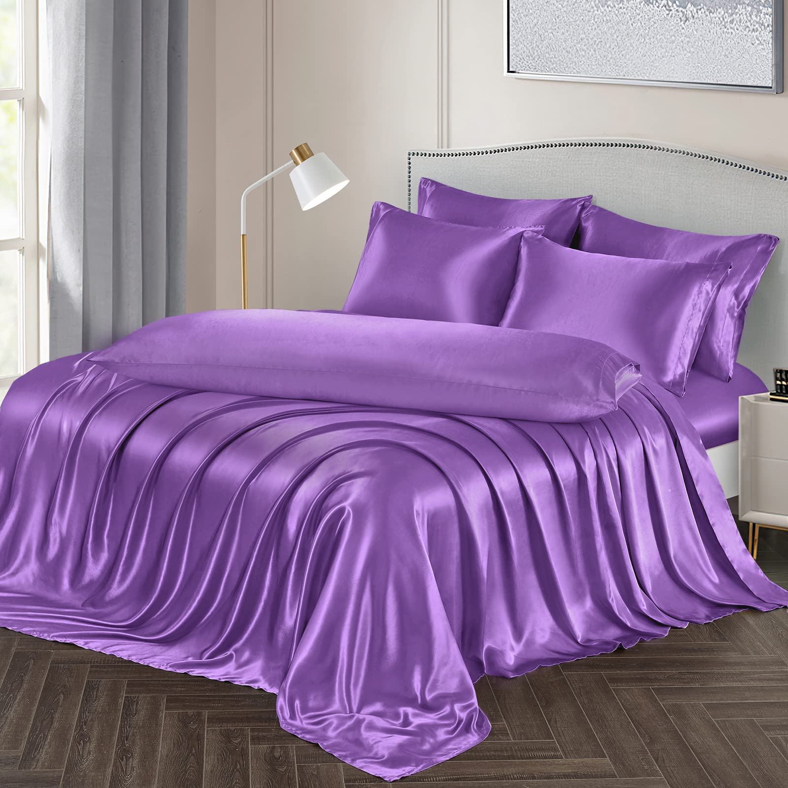 Ersmak 7 Pieces Satin Sheets Set Queen Size, Luxury Silky Purple Satin Bed Sheets Set With 1 Deep Pocket Fitted Sheet, 1 Soft Fl