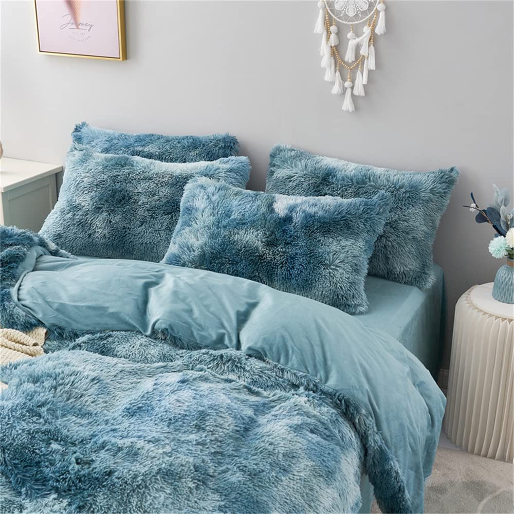 Chovy Faux Fur Plush Tie-Dyed Blue White Comforter Set Twin/Full Size - Ultra Soft Shaggy Flannel Velvet Fluffy Fuzzy 3Pc Beddin