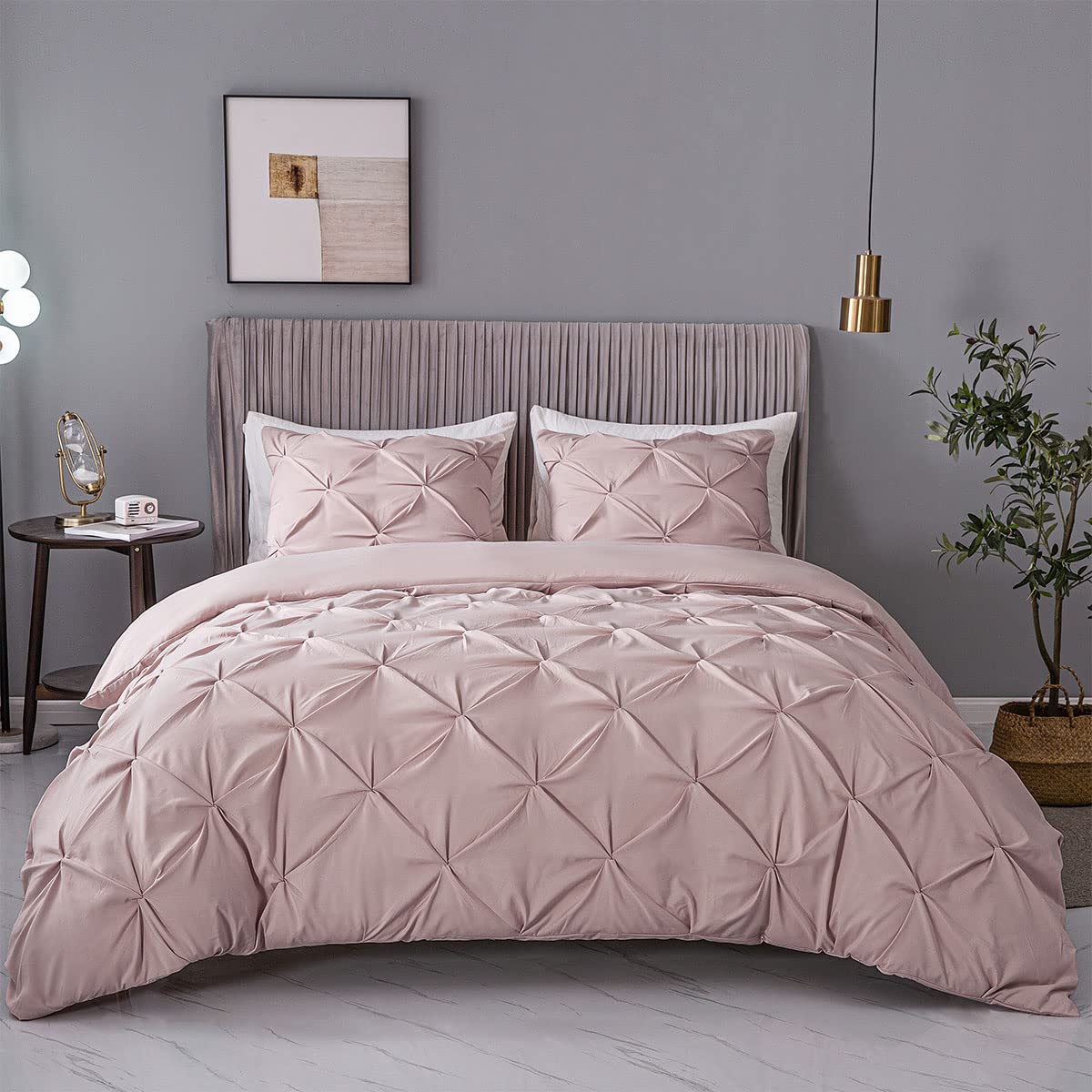 Ashleyriver 3 Piece Pink Queen Duvet Cover Luxurious Pinch Pleated Duvet Cover With Zipper & Corner Ties 100% 120 G Microfiber P