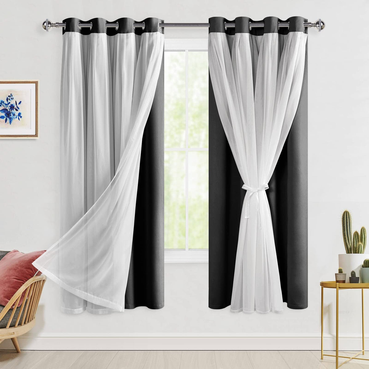 Hiasan Black Blackout Curtains with Sheer Overlay, Grommet Thermal Insulated Privacy Mix and Match Double Layer Window Curtains 