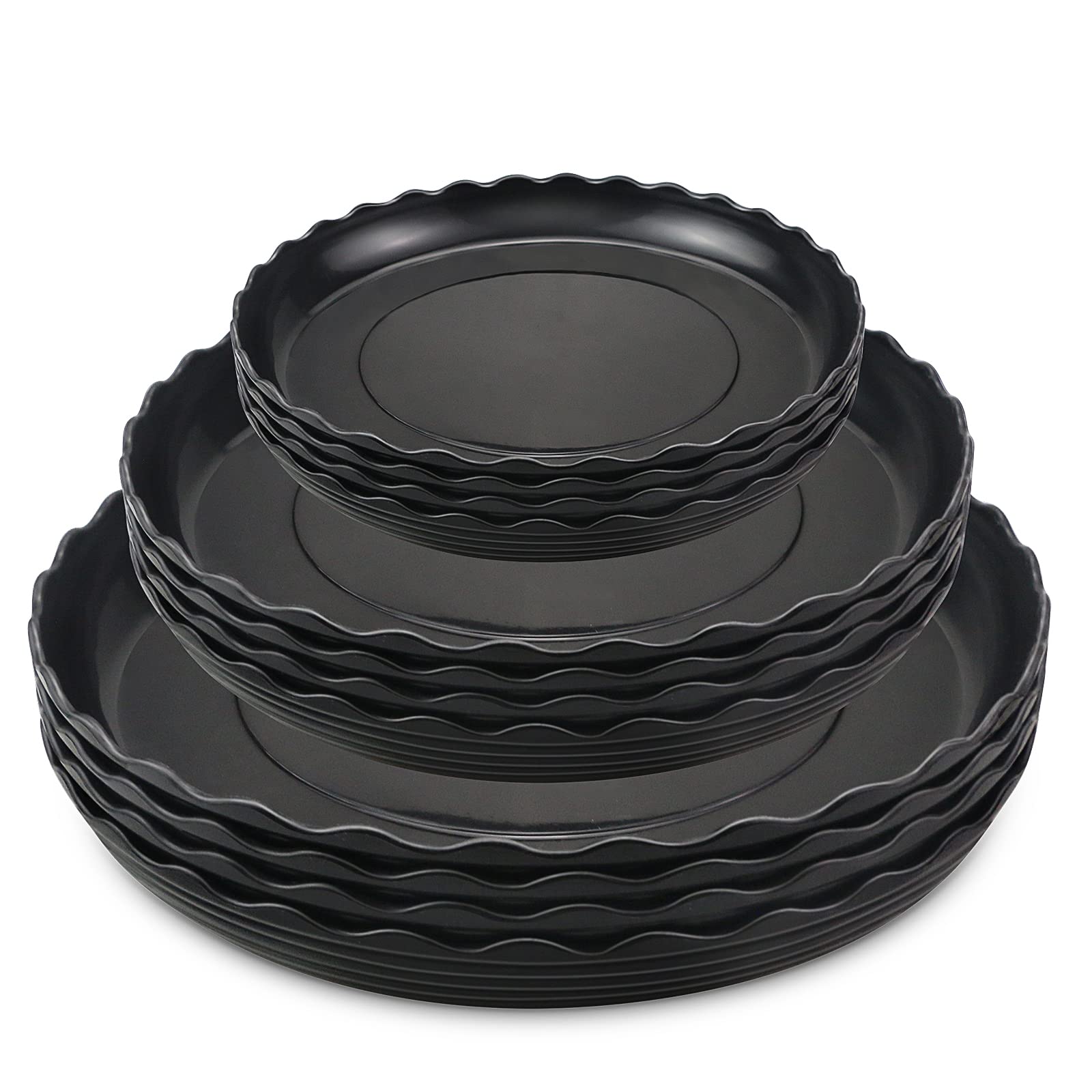 Fireboomoon 12 Pack Plastic Black Round Wave Plant Saucer,Durable Heavy Duty Flower Plant Pot Drip Tray Container For Home Garde
