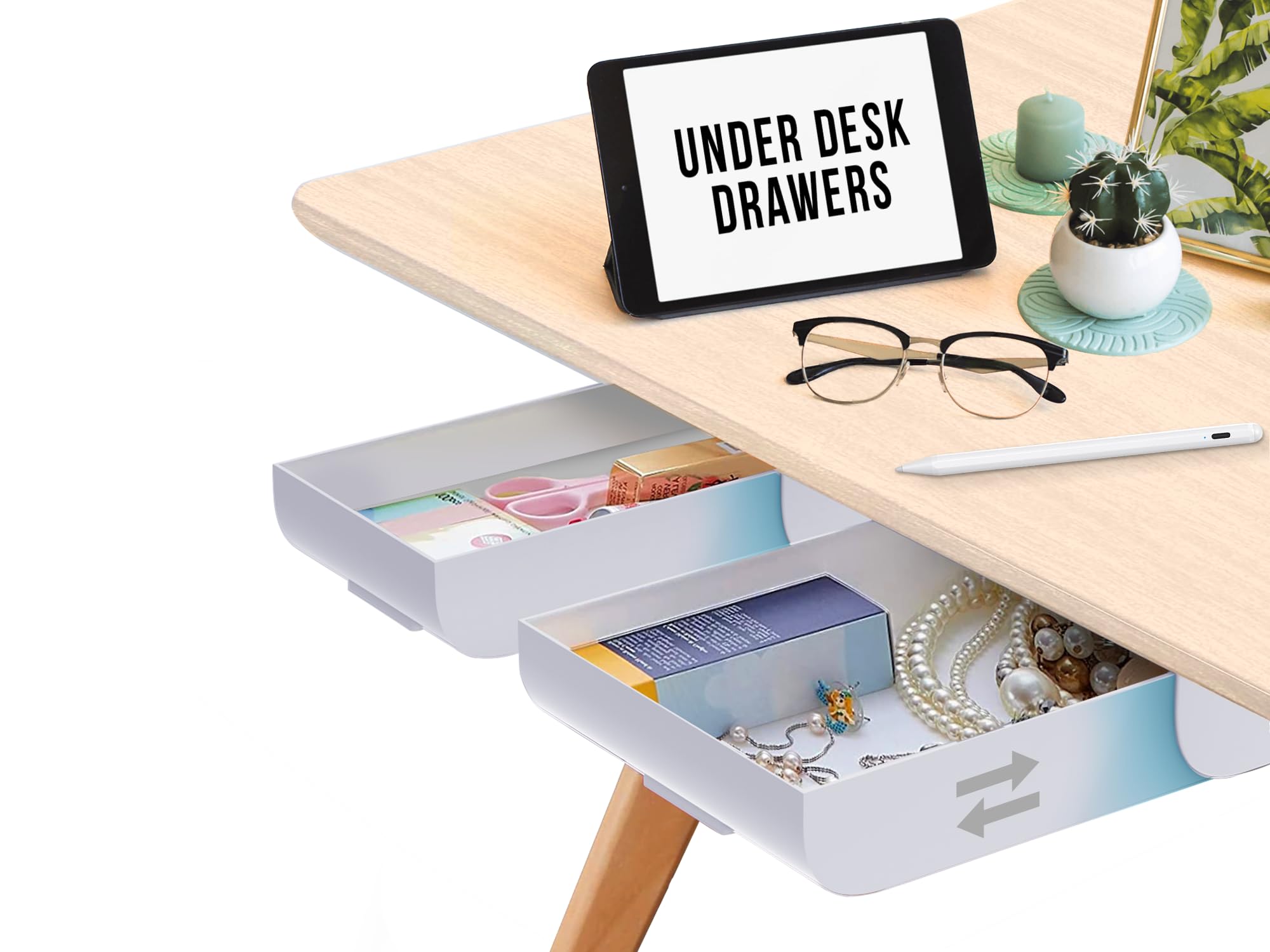 Desk Oasis 2 Pack Under Desk Storage, Plastic Desk Accessories, Slide Out Desk Drawer Attachment - Plastic Desk Accessories, Und