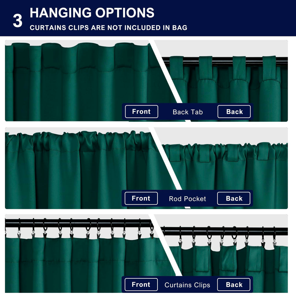 Hiasan Emerald Green Blackout Curtains 2 Panels For Bedroom, Back Tab & Rod Pocket Christmas Curtains Sewn With Tiebacks, Room D