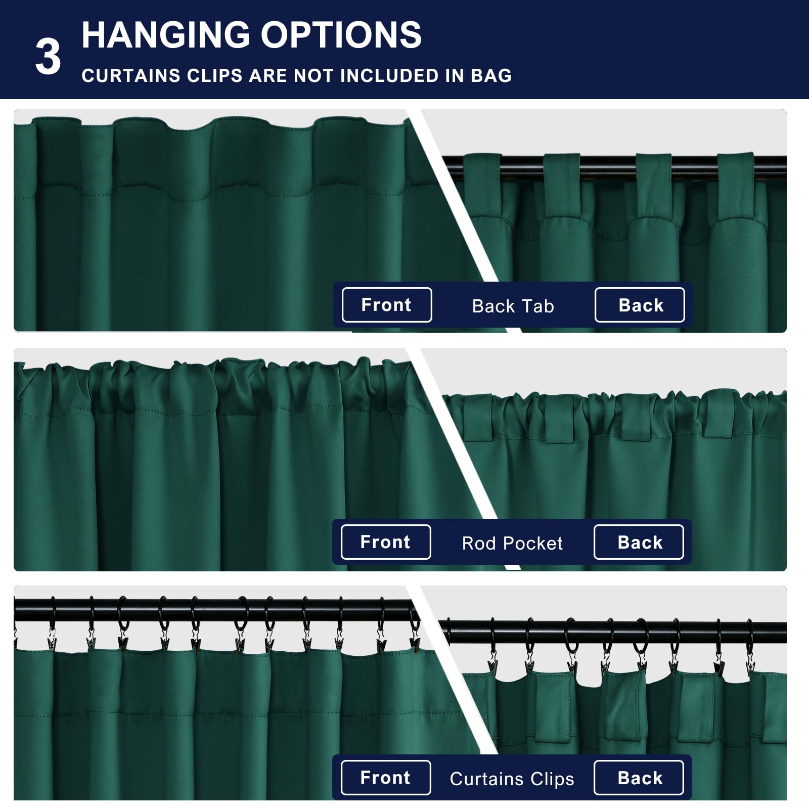 Hiasan Emerald Green Blackout Curtains 2 Panels For Bedroom, Back Tab & Rod Pocket Christmas Curtains Sewn With Tiebacks, Room D