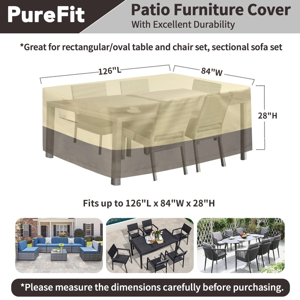 Purefit Patio Furniture Covers, Outdoor Table Furniture Cover Waterproof Canvas Rectangle 650D Patio Covers For Outdoor Furniture, Lawn, Deck, Backyard, Anti-Fade & Tear Resistant, 126'L X 84'W X 28'H