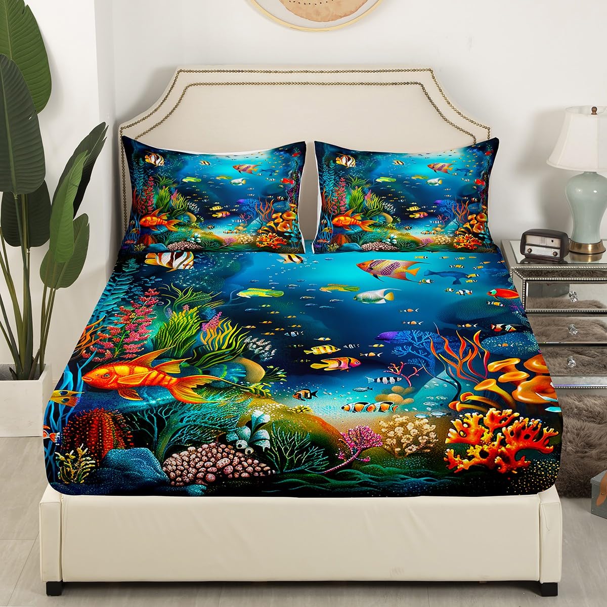 Kids Sheet Set Queen Cartoon Ocean Fish Bed Sheets Ocean Marine Theme Bedding Set For Boys Girls Soft And Cozy Sea Underwater World Sheets Set With Sealife Deep Pocket Fitted Sheet,Vibrant