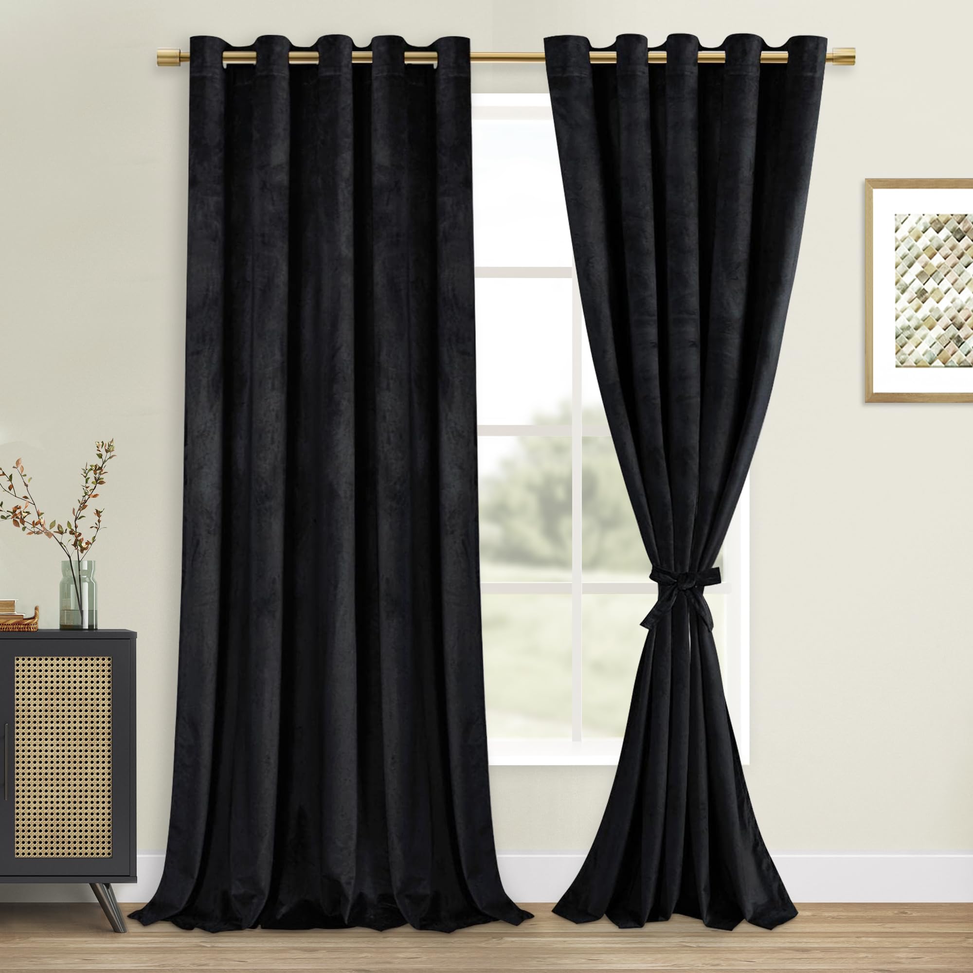 DWCN Extra Wide Velvet Curtains 90 inches - Black Blackout Bundleable Heavy Duty Thermal Insulated Energy Efficiency Grommet Win