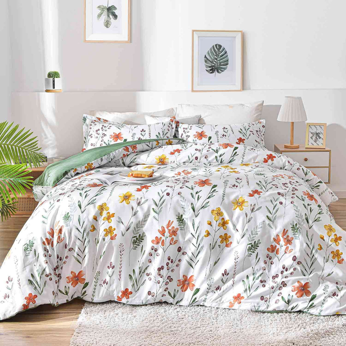 Floral Duvet Cover King Size - White Yellow Flowers And Green Leaf Spring Botanical Printed Microfiber Comforter Cover Set - 3Pc