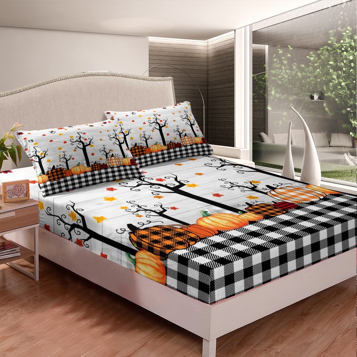 Erosebridal Fall Pumpkin Harvest Bed Sheets Queen Size Black White Plaid Sheet Set For Kids Boys Halloween Maple Leaves Autumn F