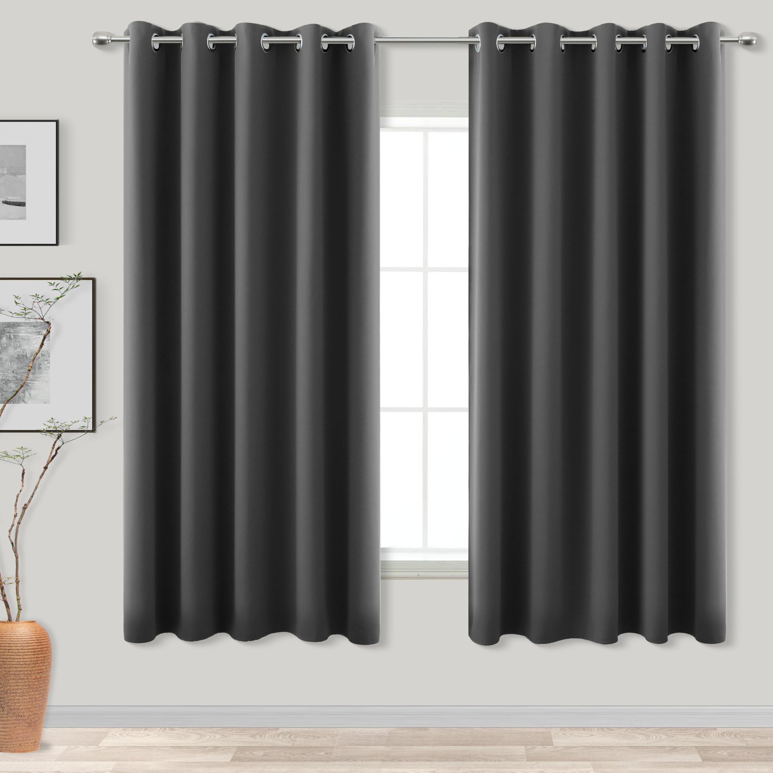 KOUFALL Blackout Curtains for Living Room 63 Inch Length,Extra Wide 72 Inches Dark Gray Drapes 63 Inches Long 2 Panels Set,