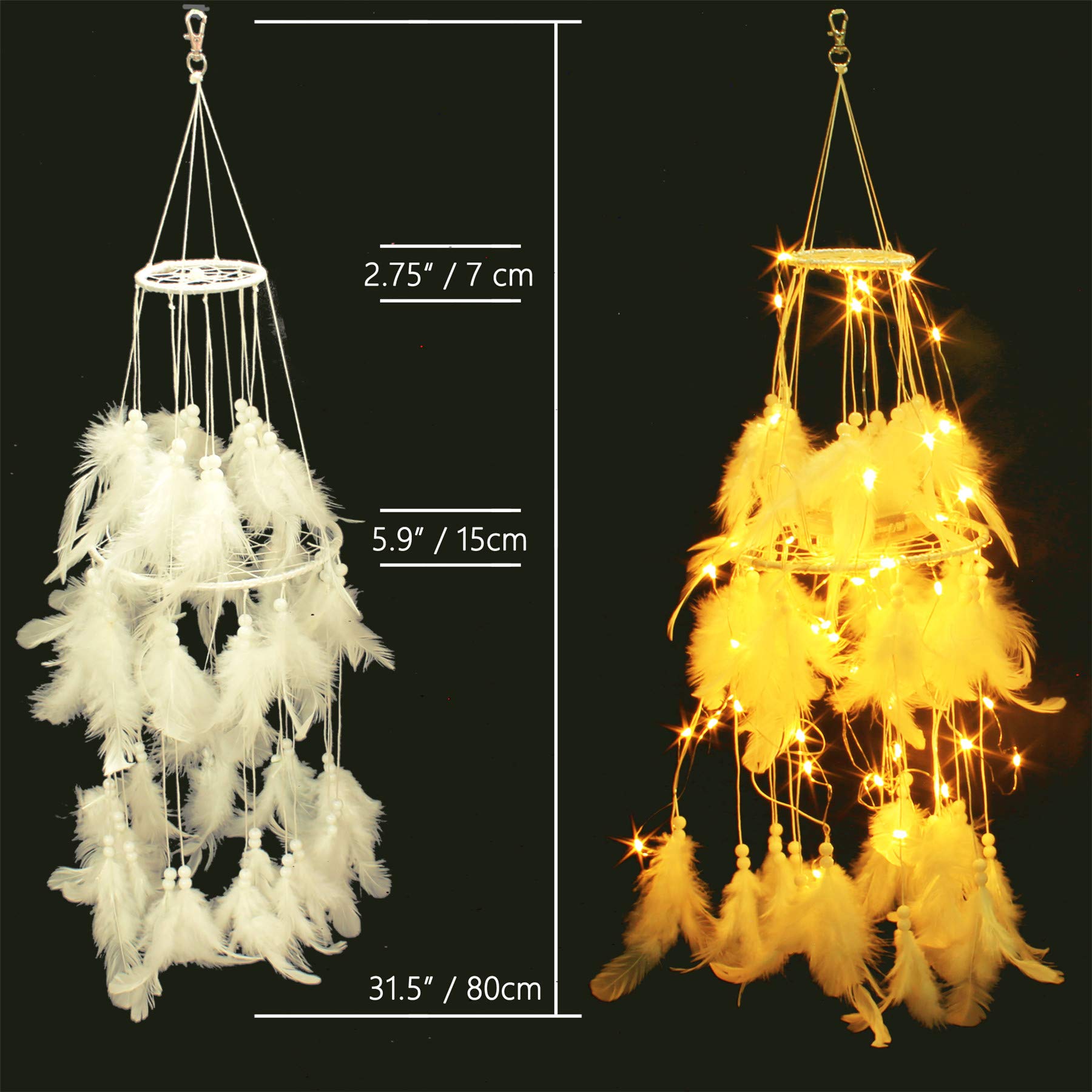 Bed Canopy With Double Circle White Feather Dream Catcher And 50 Led Fairy String Lights, Mosquito Net - Unique Style Dome Bed N