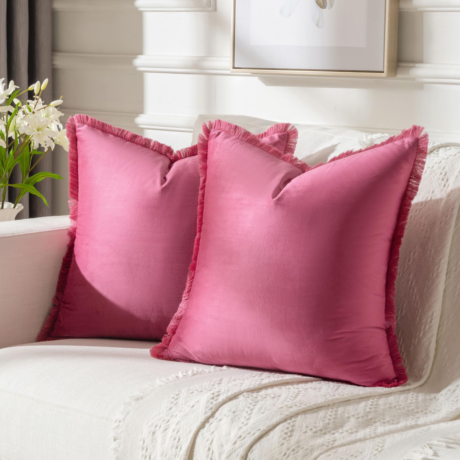 FUTEI Hot Pink Boho Throw Pillow Covers with Tassels 20x20 Inch Set of 2,Soft Velvet Decorative Cushion Case,Home Decor for Couc
