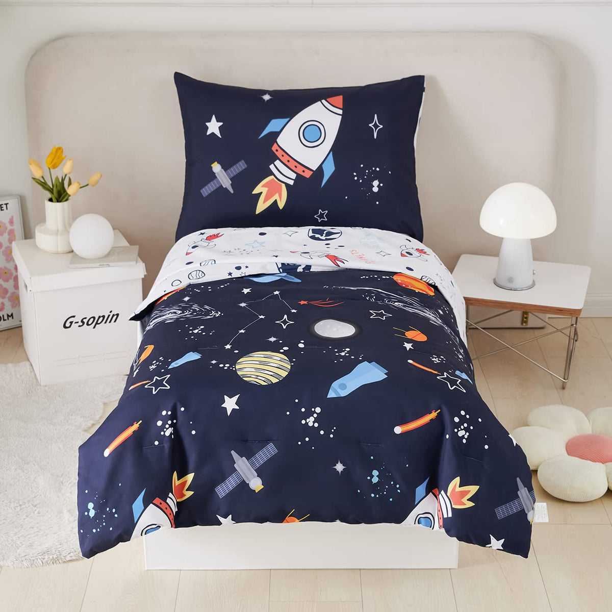 Perfemet 4 Pcs Toddler Bedding Dark Blue Outer Space Printed Toddler Bed Set With Sheets Reversible Planet Rocket Pattern Bed In