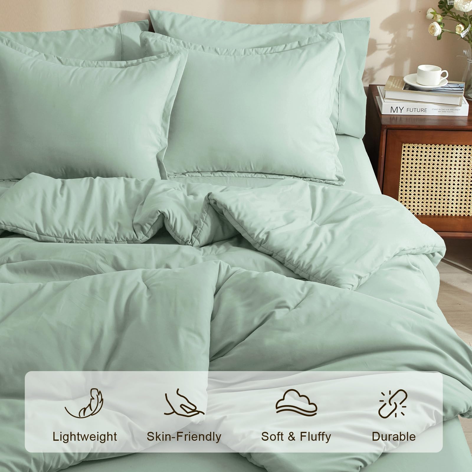 Phf 7 Pieces King Comforter Set, Bed In A Bag Comforter & 18' Sheet Set All Season, Ultra Soft Comfy Bedding Sets With Comforter, Sheets, Pillowcases & Shams, Sage Green