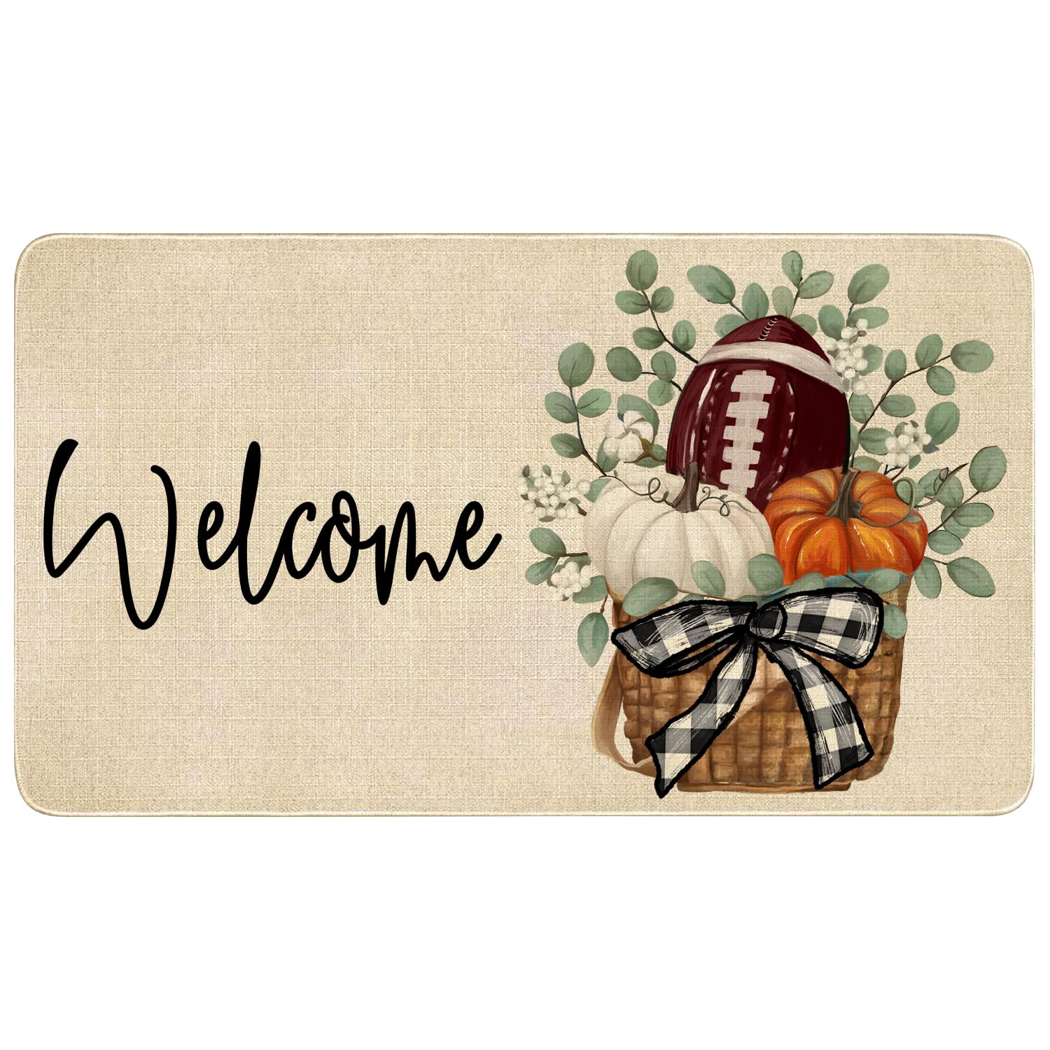 Xsinufn Fall Door Mat Outside,Pumpkin Eucalyptus Welcome Mat For Front Door,Thanksgiving Autumn Indoor Outdoor Non-Slip Rugs Doo