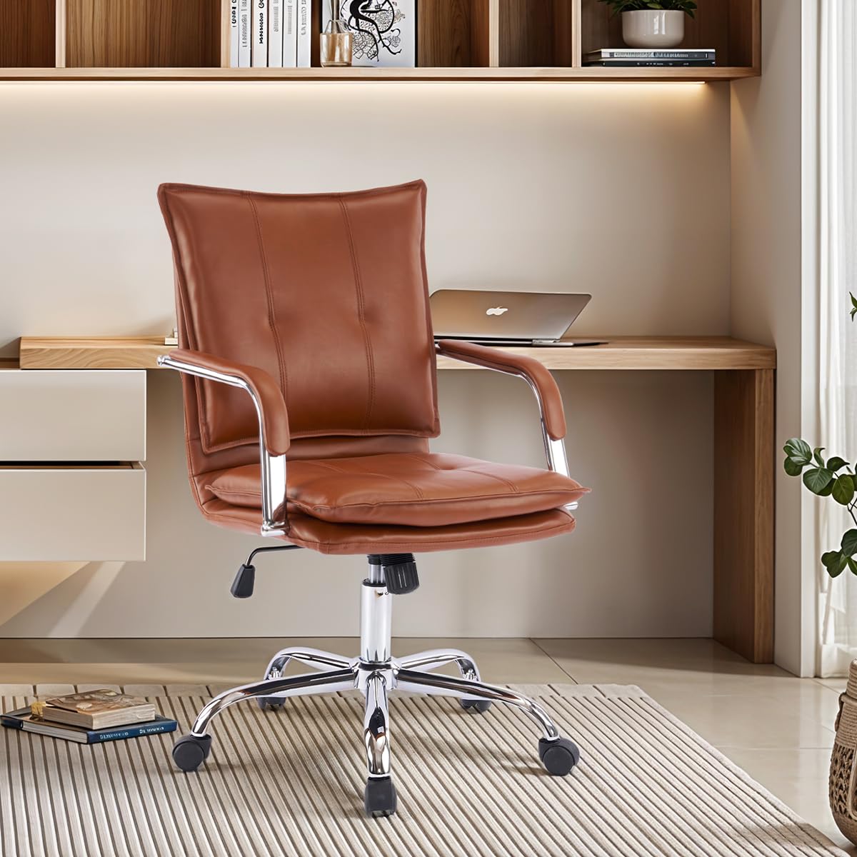 Mid-Back Ergonomic Leather Office Chair, Modern Upholstered Executive Desk Chair With Gold Frame Armrest Computer Task Chair (Ca