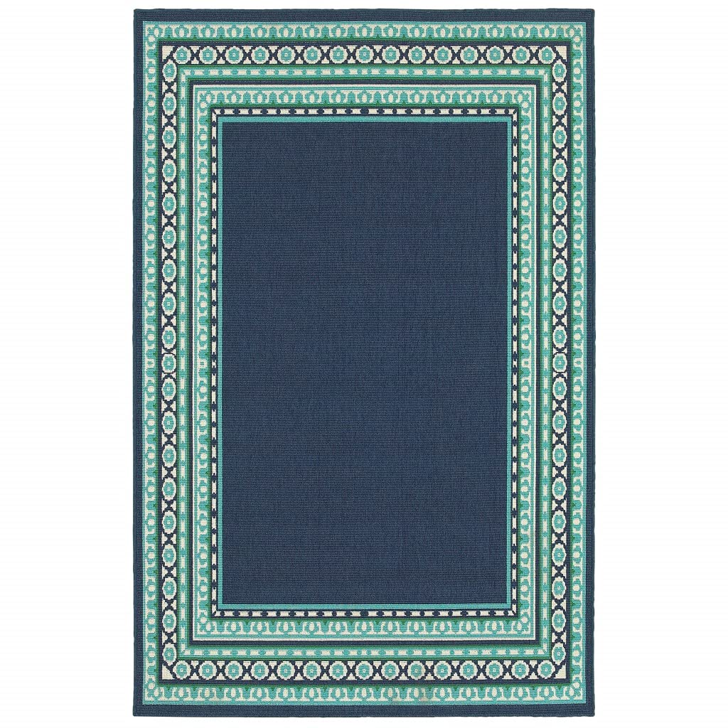 HomeRoots Polypropylene 5’x8’ Navy and Green Geometric Indoor Outdoor Area Rug