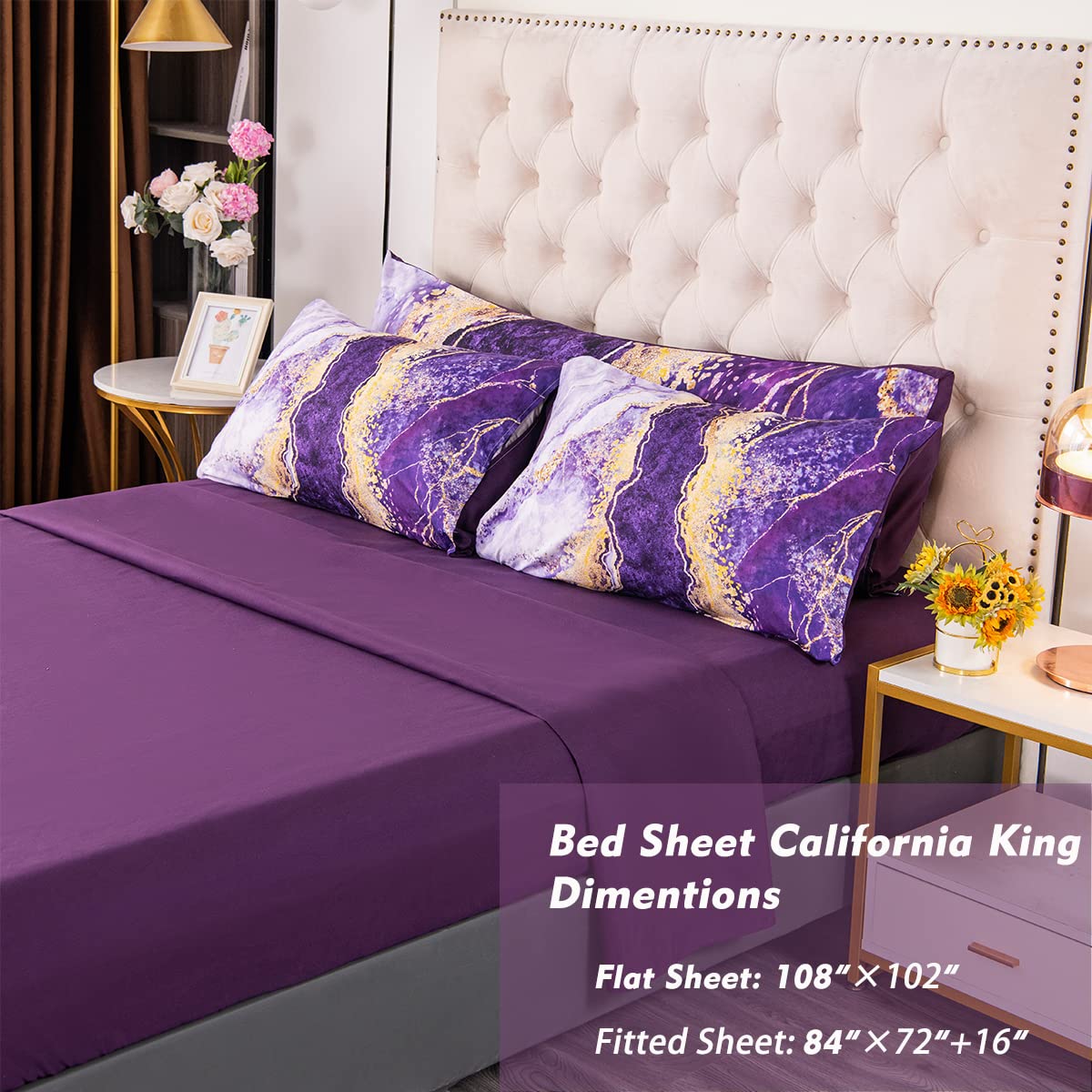 Perfemet Purple Comforter Set California King 6 Pieces Colorful Marble Patterned Bedding Comforter With Sheets Watercolor Abstra