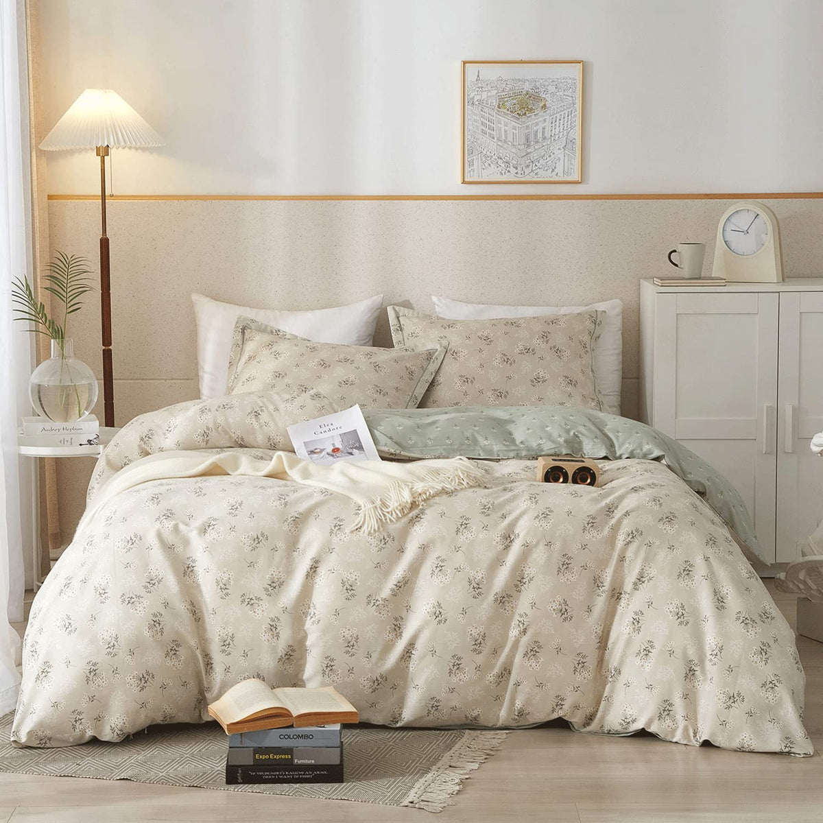 VM VOUGEMARKET Cotton Duvet Cover Set King,Grey Green Flower Duvet Cover Matching 2 Pillow Shams,Aesthetic Garden Style Bedding 