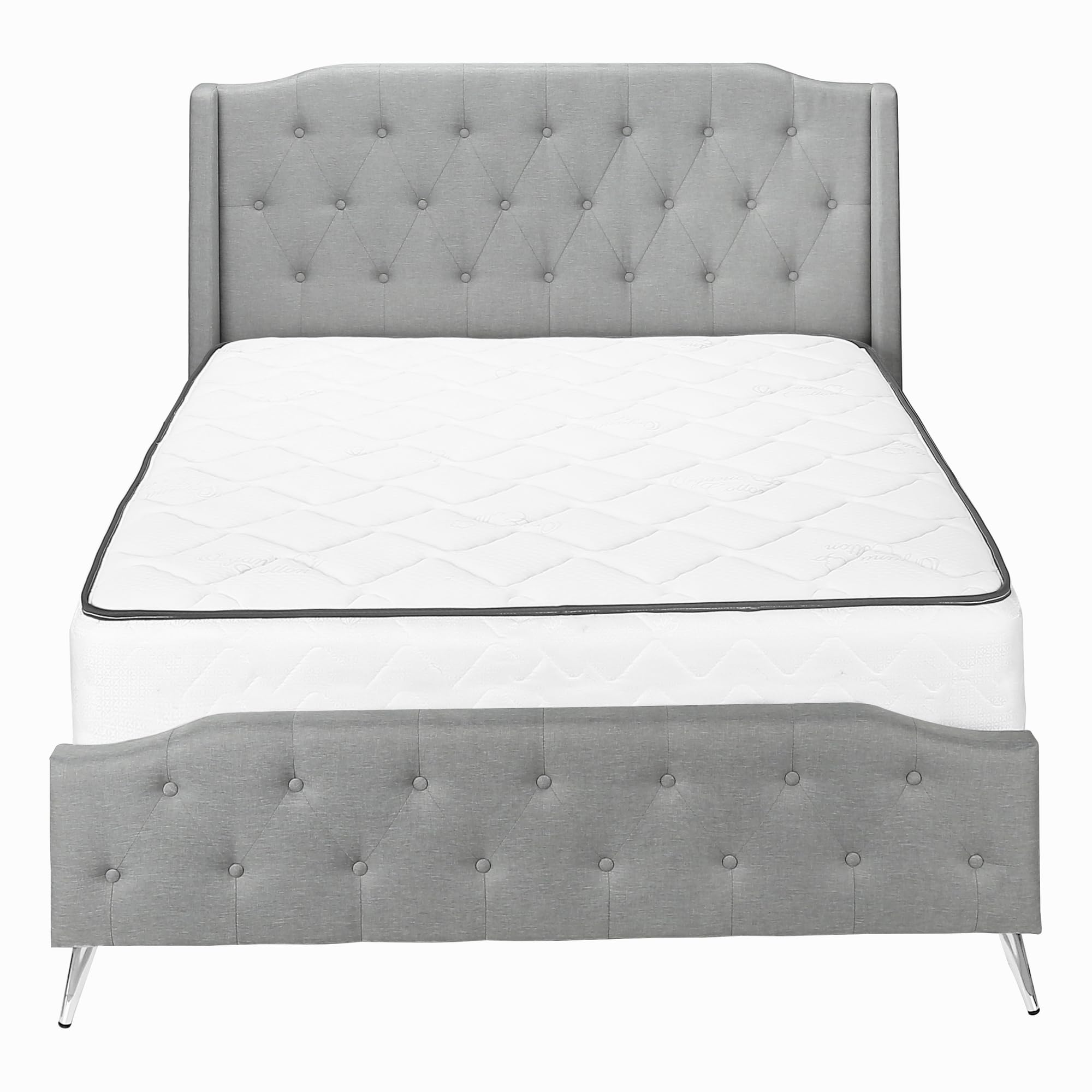 Monarch Specialties I 6045Q Bed, Frame, Platform, Bedroom, Queen Size, Upholstered, Linen Look Fabric, Metal Legs, Grey, Chrome, Contemporary, Modern