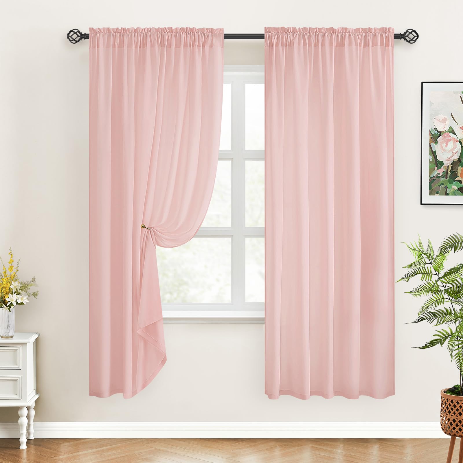 Homeideas Non-See-Through Blush Pink Privacy Sheer Curtains 52 X 63 Inches Long 2 Panels Sheer Curtains Light Filtering Window Curtains Drapes For Bedroom Living Room