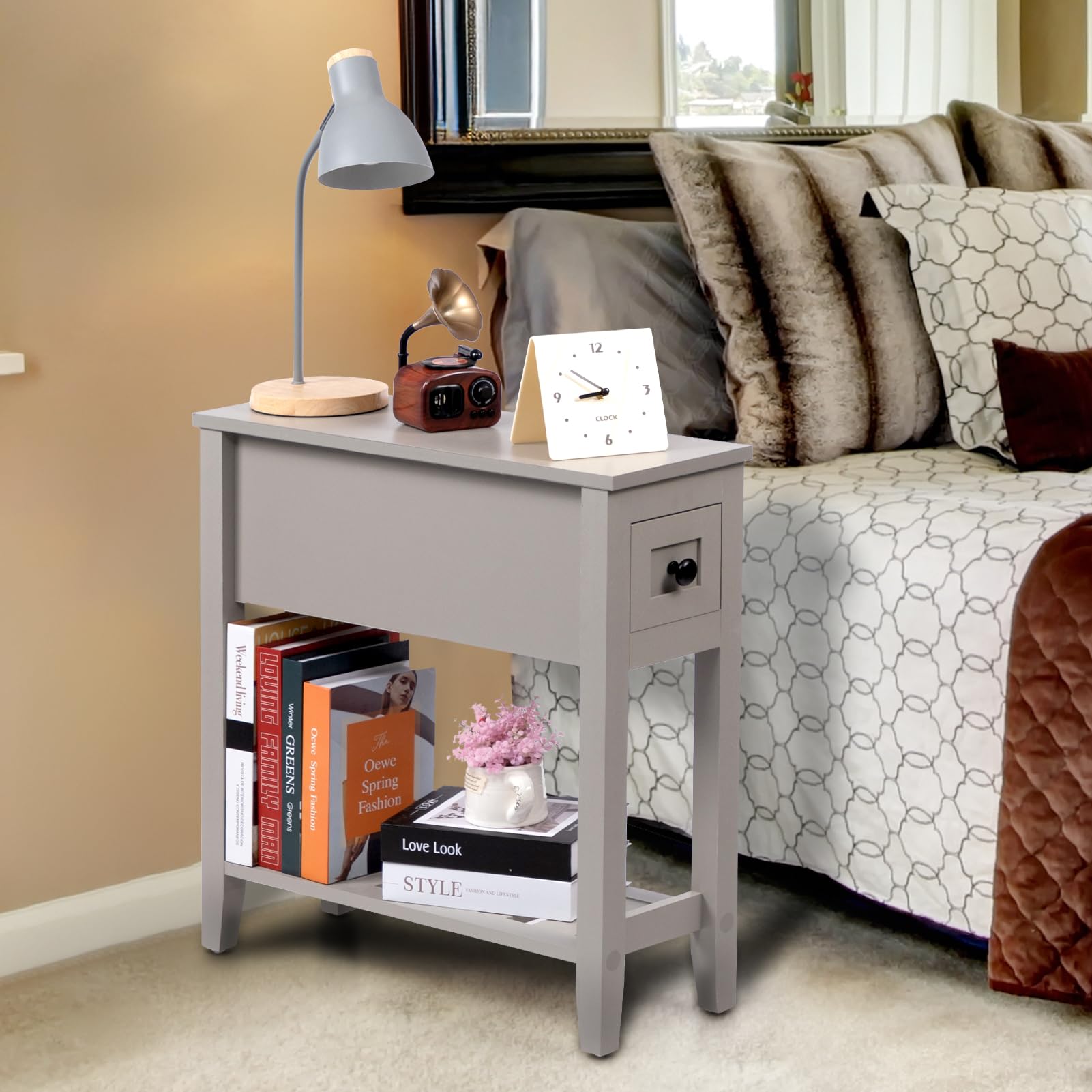 Lusuowlz Gery Chairside Narrow End Table, Solid Wood Recliner Side Table With Drawer, Slim Nightstand Bedside Table For Living R