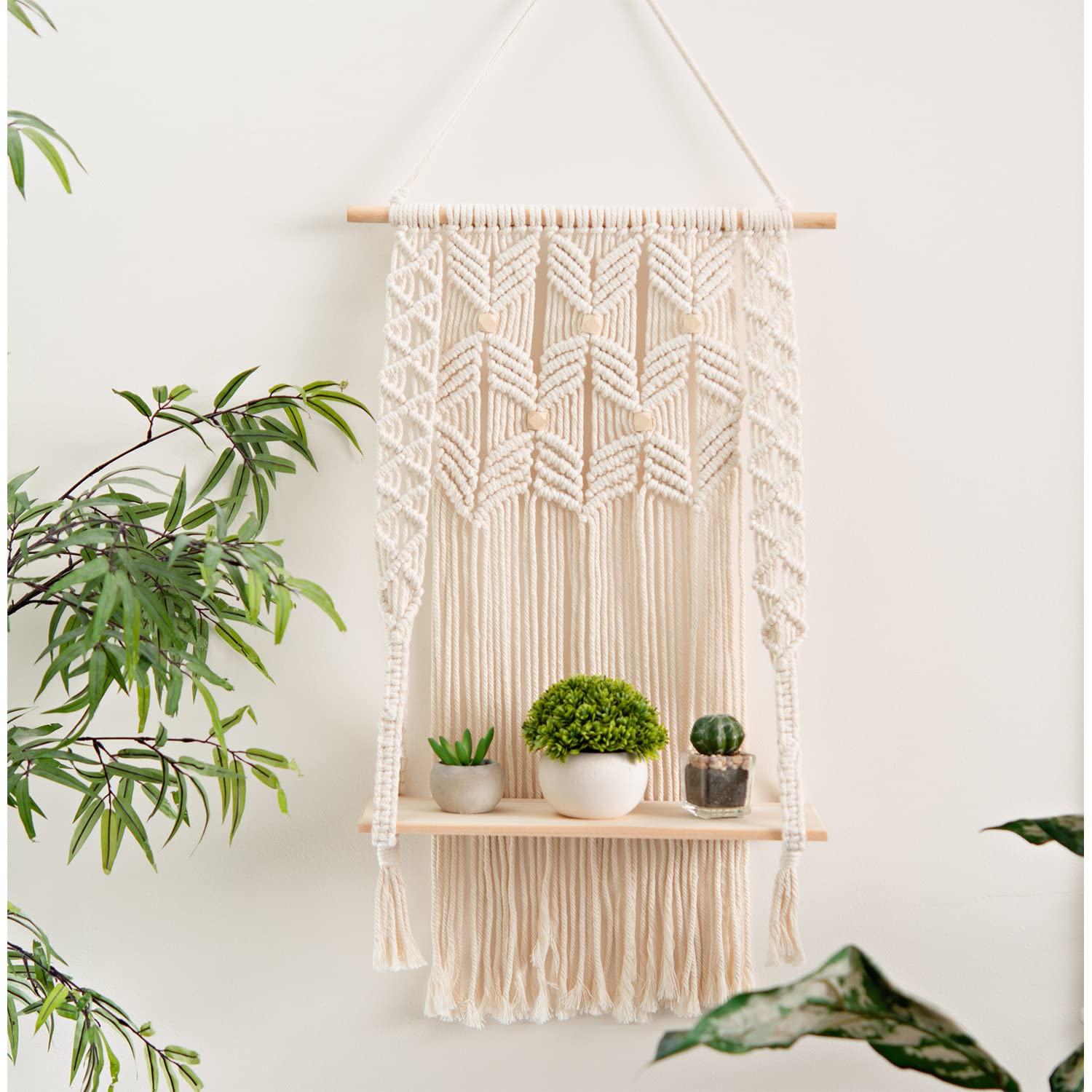 Kaahira Macrame Wall Hanging Shelf (D08) Twisted Cotton Rope Natural Pine Wood | Modern Boho Handcrafted Wall Art Decor, Wood Ha